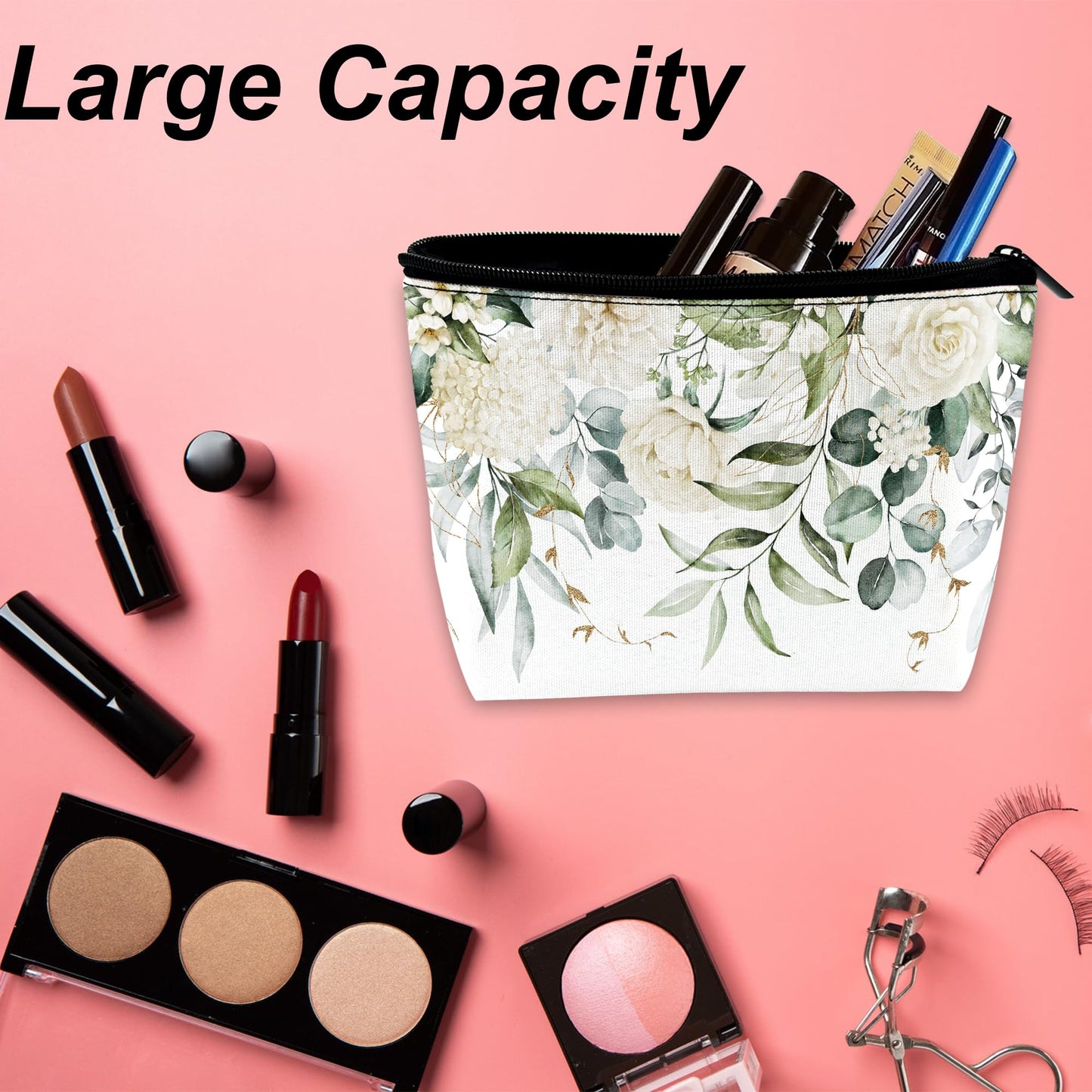 DEMACYA White Flowers Green Leaves Makeup Bag for Purse, Waterproof Funny Cosmetic Bag for Women, Zipper Travel Toiletry Pouch Gift 9.5×5.9 Inch