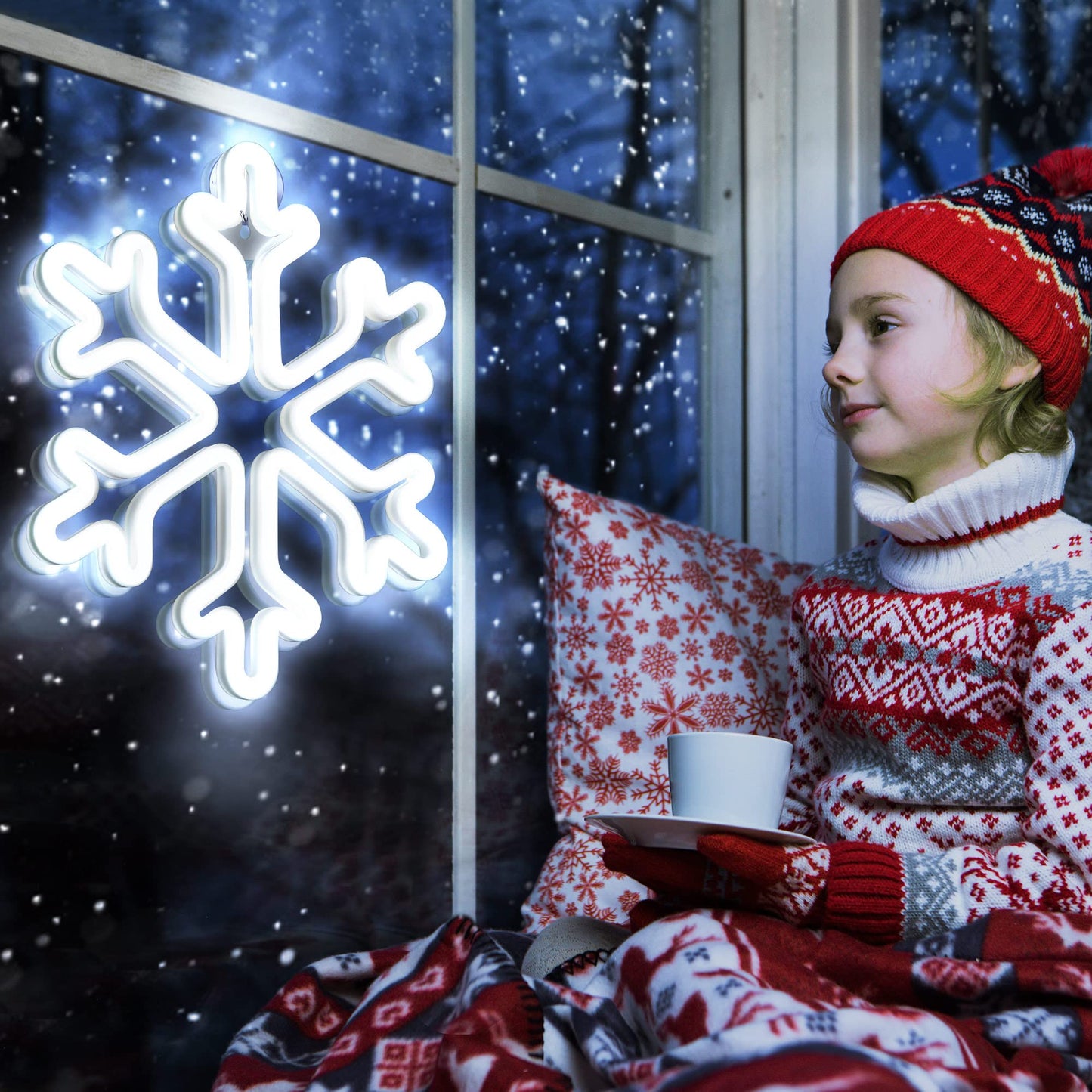 Enhon Christmas Neon Snowflake Light, 12 Inch Giant Snowflake Lights, Battery and USB Powered Christmas Curtain Neon Sign with Timer for Xmas Party Decoration(Cool White,2 Pack)