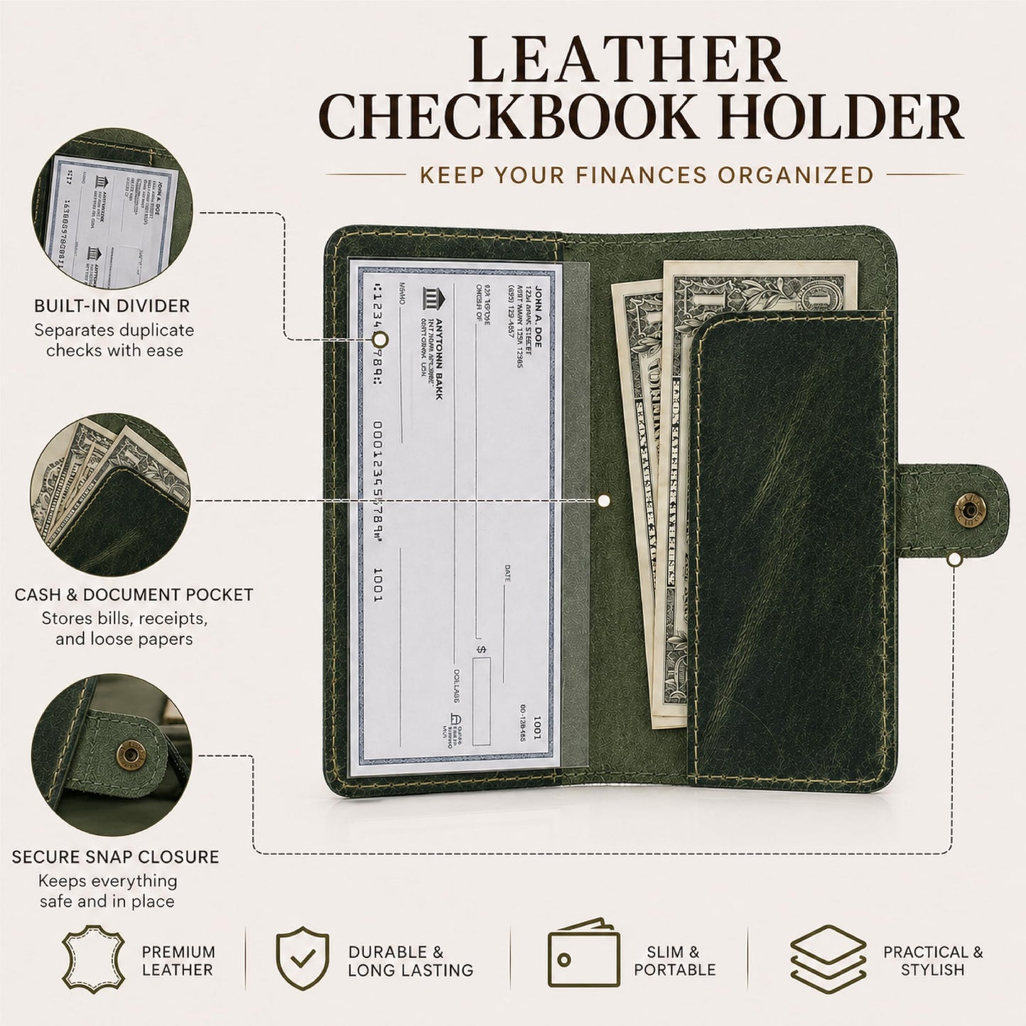 TheAntiq Genuine Leather Checkbook Cover Green - Handmade Check Holder with Divider & ID Window, Slim Organizer Wallet for Business, Travel & Everyday Use, 3.5 x 7 in