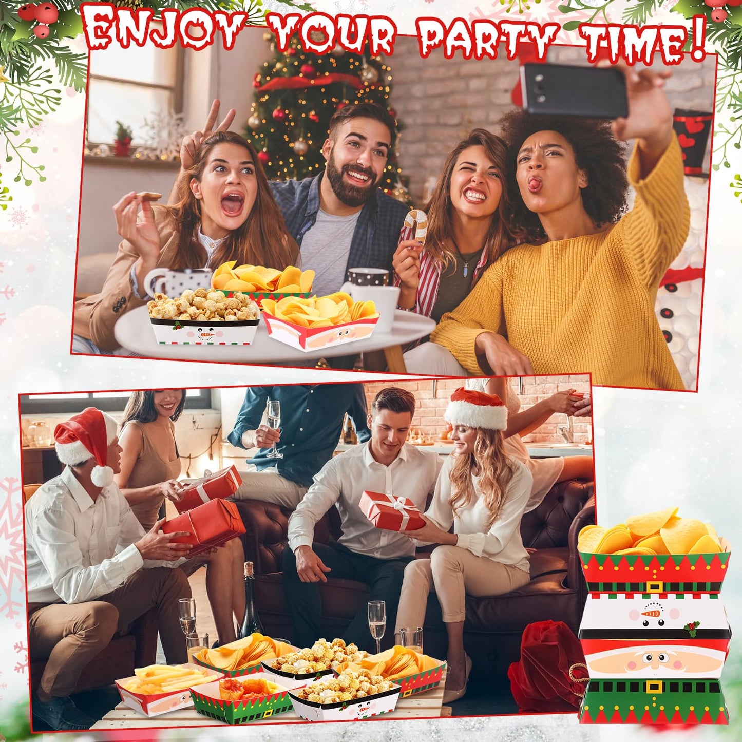 Dunzoom 48 Pcs Christmas Paper Food Trays Plates Disposable Christmas Movie Snack Trays Santa Elf Snowman Red Green Plates Nacho Hot Dog Serving Boat for Xmas Party Supplies Decoration (Style 1)