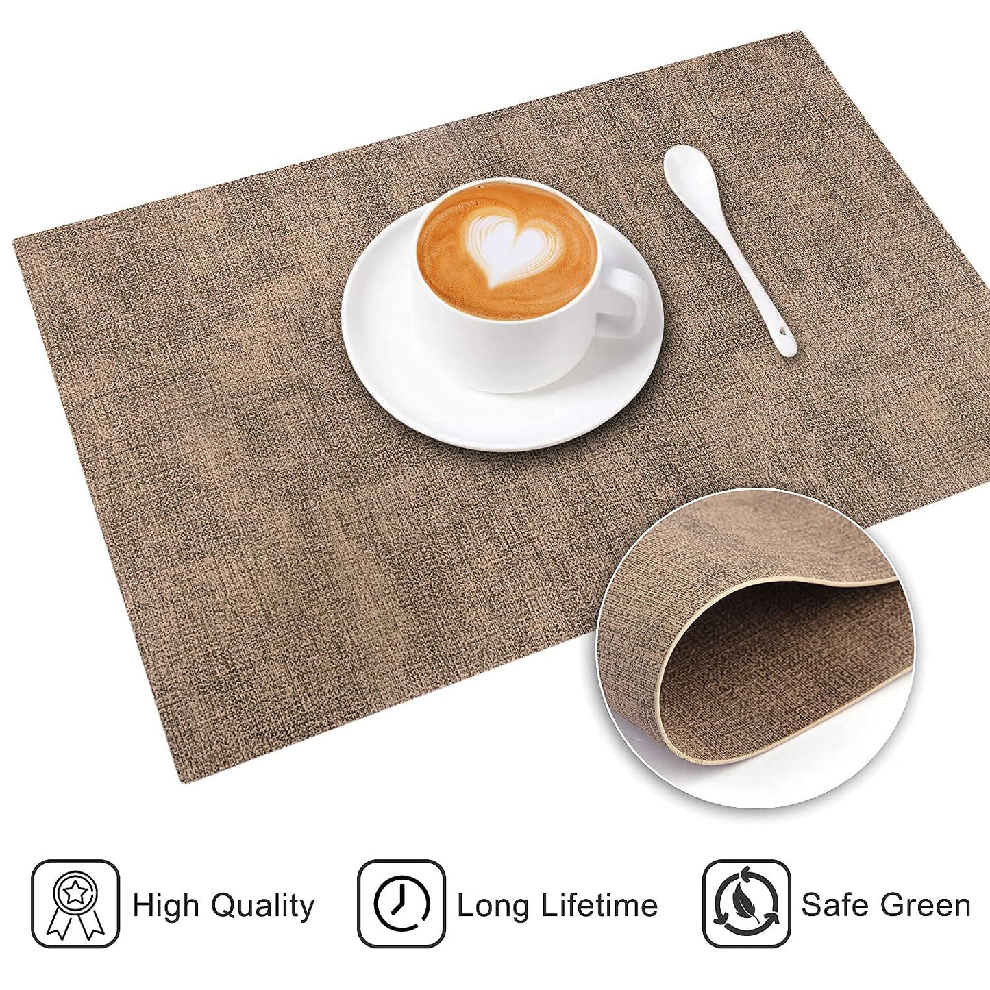 LANDVIEW Leather Heat Resistant Placemats Set of 6 Waterproof Wipeable Washable PU Table Mats,Easy to Clean Anti-Slip (6, Dark Brown)