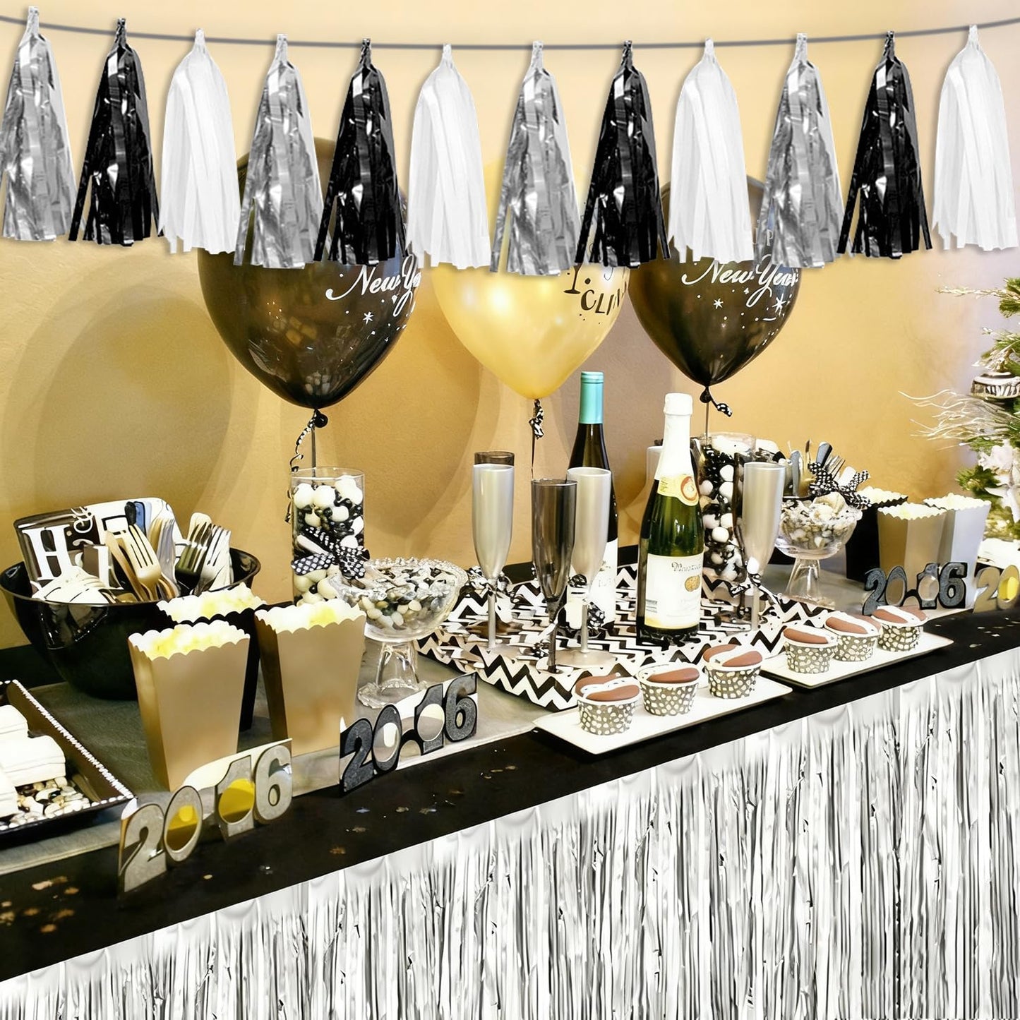 4P Black Silver white Tassel Banner Garland Metallic Foil Fringe Banner Tinsel Tassels Streamer Banner Backdrop for Parade Floats, Graduation Decorations, Halloween, Christmas Decorations