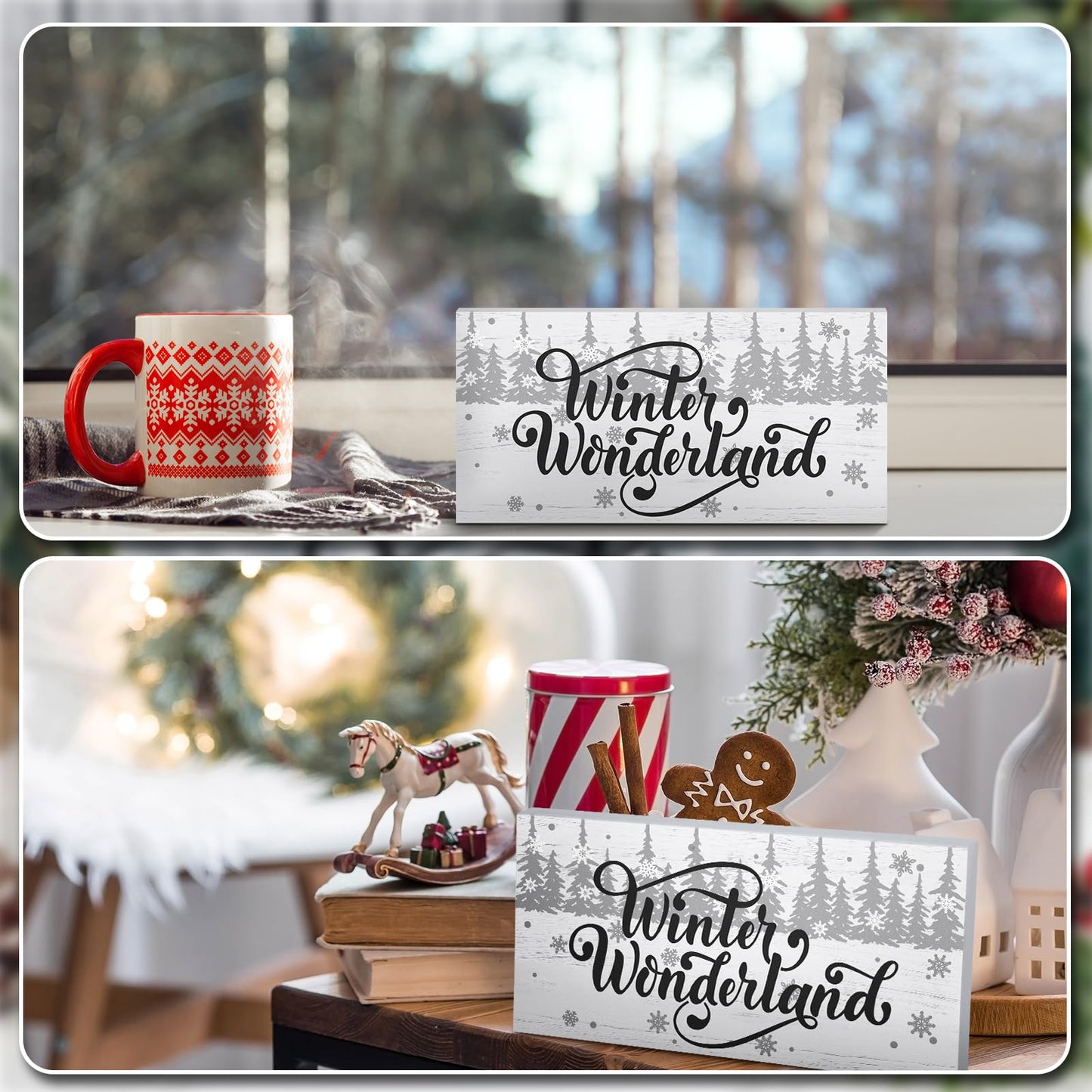 Yousoontic Winter Wonderland Wood Box Sign Plaque White Farmhouse Winter Wooden Christmas Decor Table Decor 12 x 6 Inch Rustic Christmas Tree Block Sign for Holiday Table Home House Kitchen