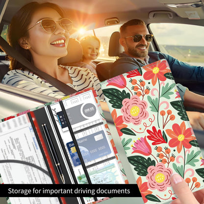 BAUCIWLD Premium Car Registration and Insurance Card Holder, Cute PU Leather Car Document Holder, Vehicle Glove Box Car Organizer with Magnetic Closure for Driver License, Cards Bright Exotic Floral