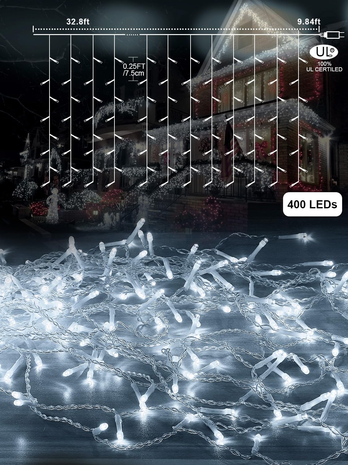 ROSCOO 32.8FT Icicle Lights, Christmas Outdoor with 400LED 75 Drops, IP65 Waterproof Eaves Lights, 8 Modes, for Christmas Eaves Garden Room Decoration Cool White
