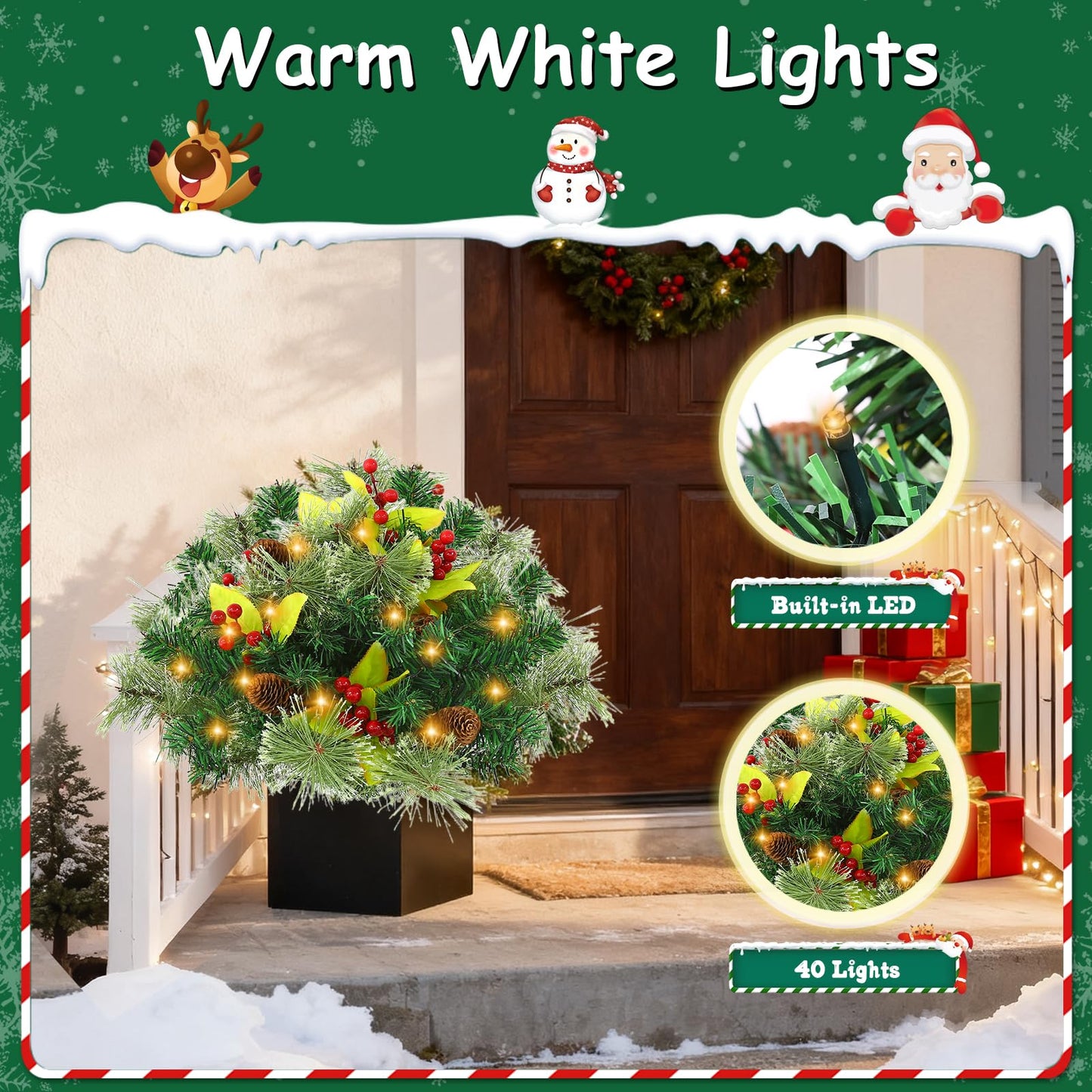 JOYHALO 2 Pack Set 18 Inch Christmas Urn Filler with 60 Warm White Lights, Battery Box with Timer, Xmas Pot Fillers with Branches Berries Pinecones, Outdoor Xmas Trees for Porch Pathway Yard Decor