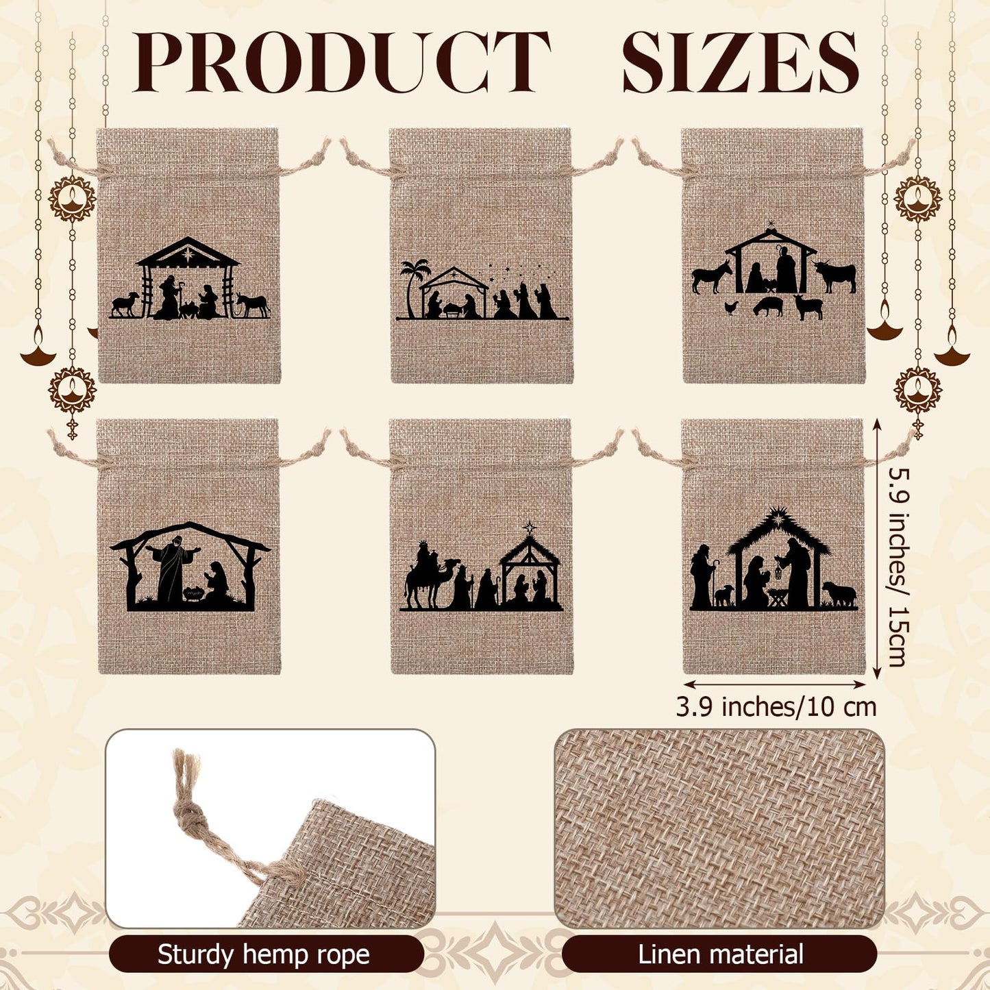 Kinlop 24 Pieces Christmas Nativity Burlap Gift Bags with Drawstrings 6 Designs Christmas Holiday Goody Treat Bags Linen Wrapping Candy Pouches Jewelry Pouches for Xmas New Year Party Favors