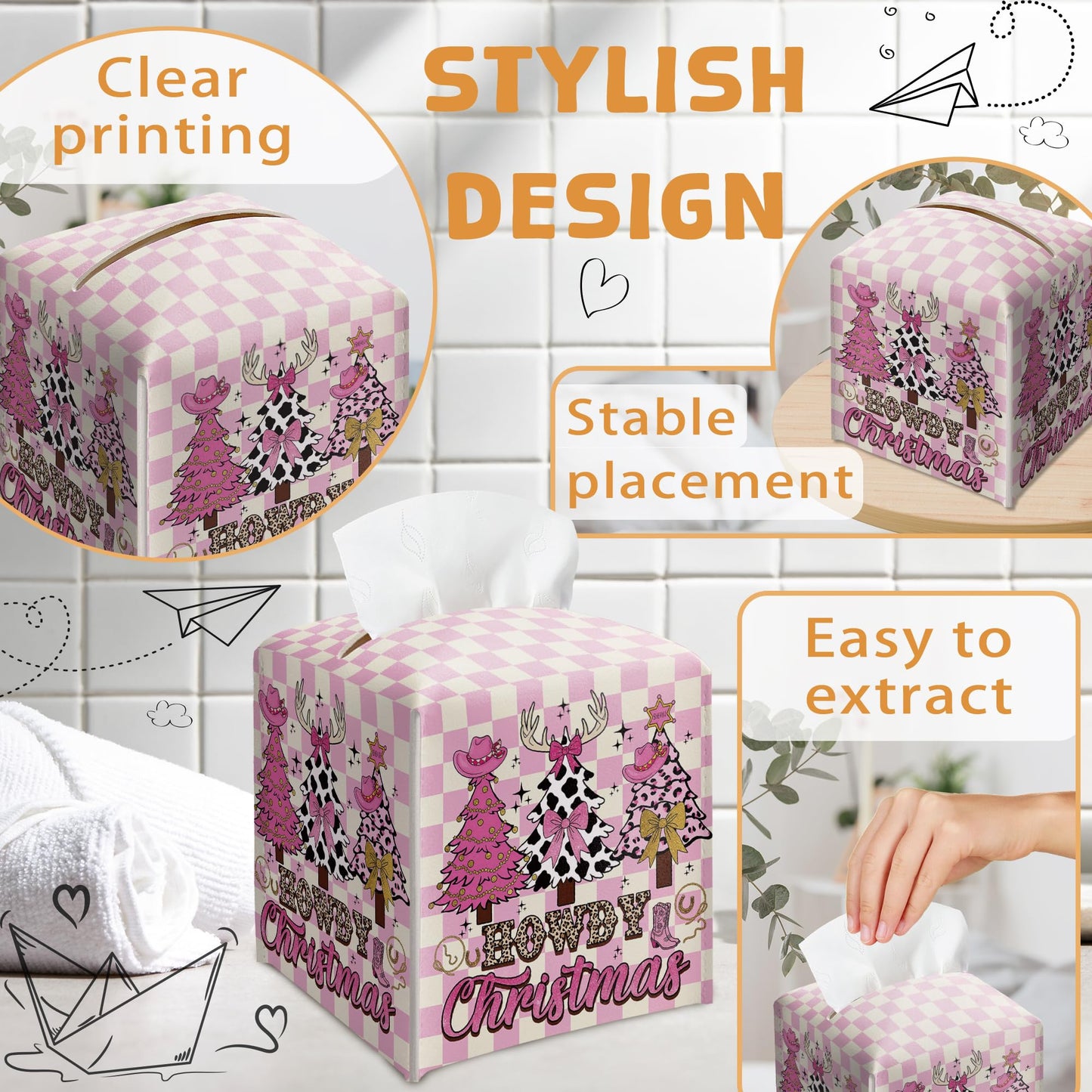 Howdy Christmas Tissue Box Holder, Pink Checkered Cowgirl Western Christmas Trees Leather Tissue Box Cover Square, Paper Facial Decorative Tissues Cover for Bathroom Office Home Decor-B07