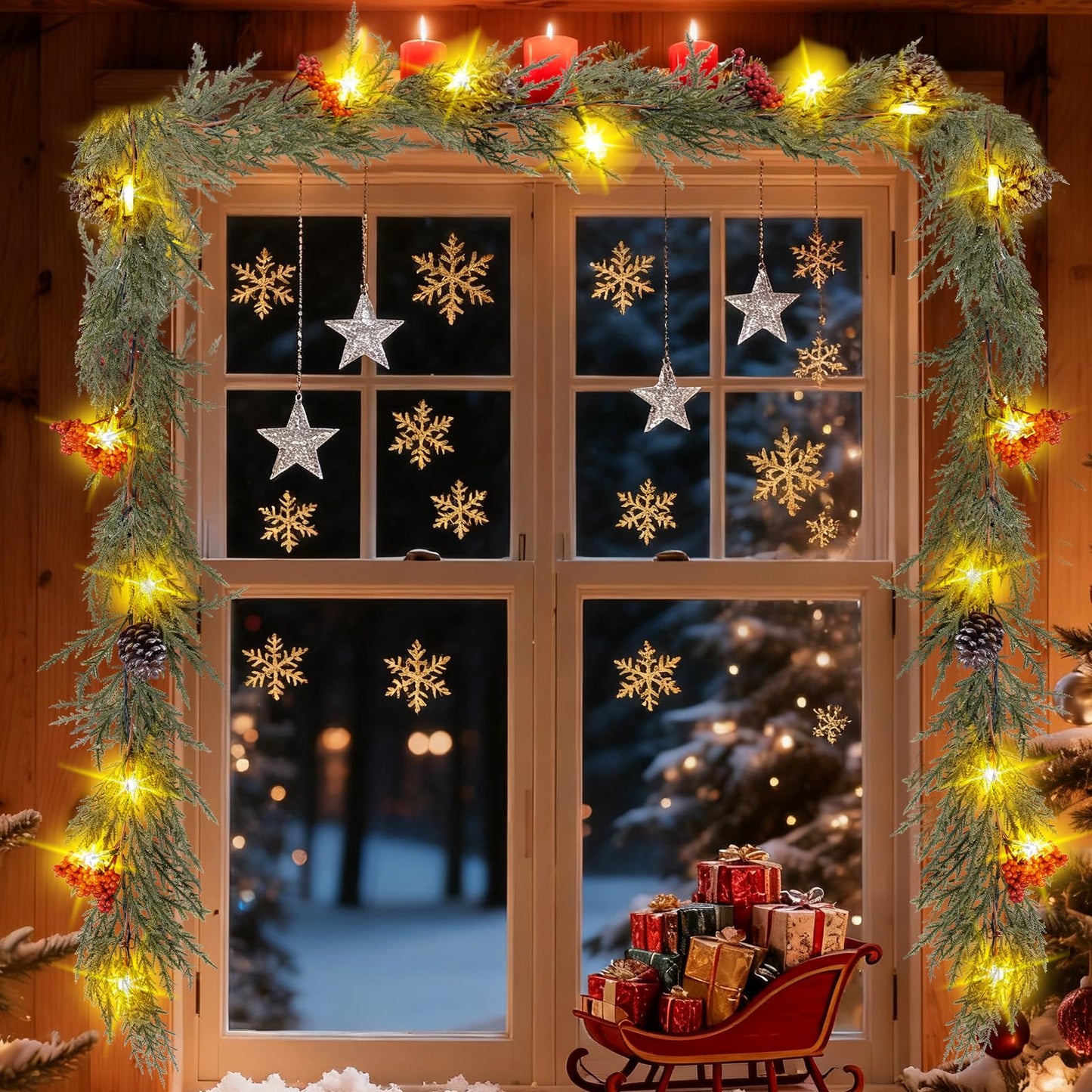 HUZIYAHAN Prelit Christmas Garland with Lights 6FT Christmas Tree Lighted Garland Outdoor Indoor Battery Operated Garland for Mantel Table Porch Stair Wall Winter Home Holiday Christmas Decorations