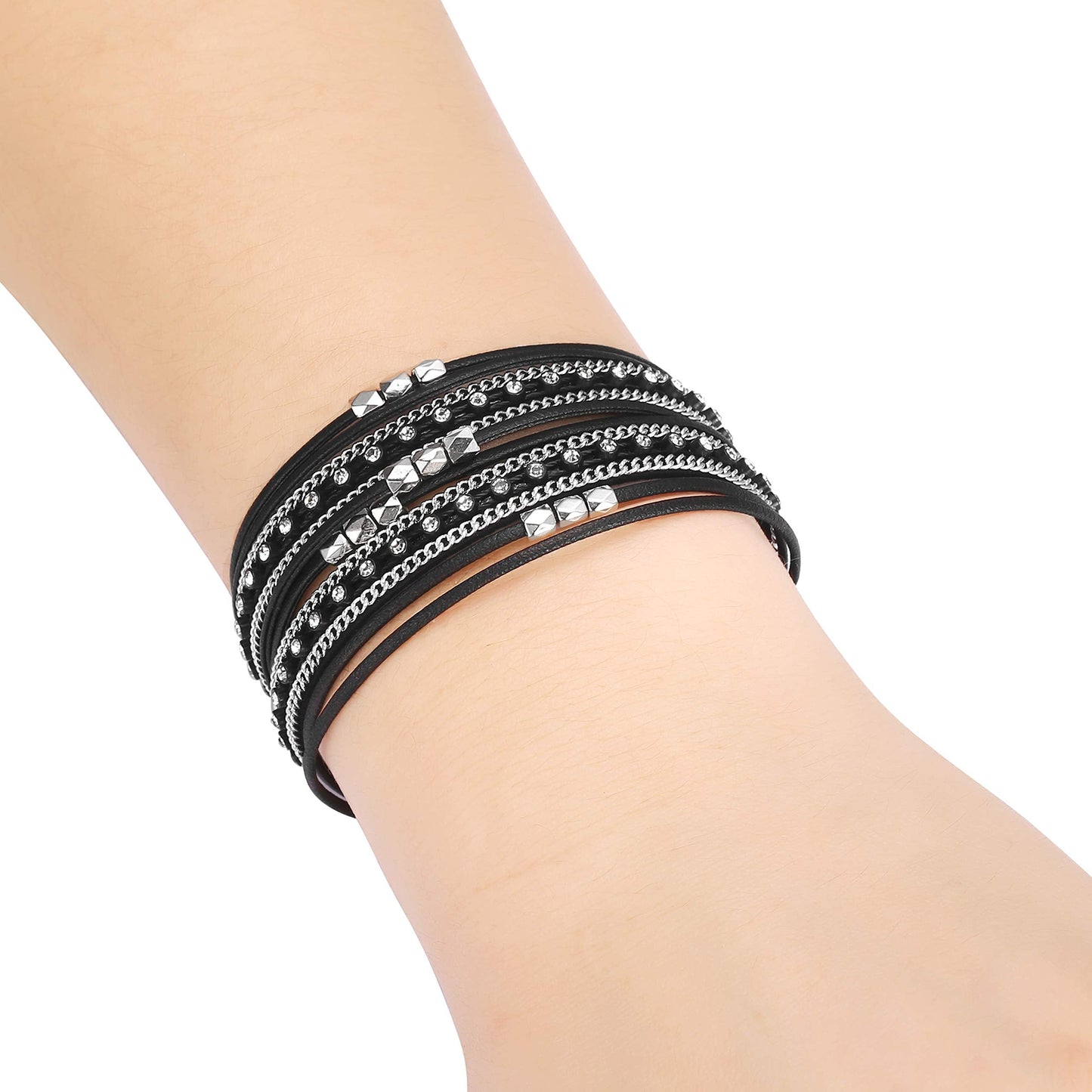 Fesciory Leather Wrap Bracelets for Women, Boho Leopard Multi-Layer Crystal Beads Cuff Bracelet Jewelry (Short Black)