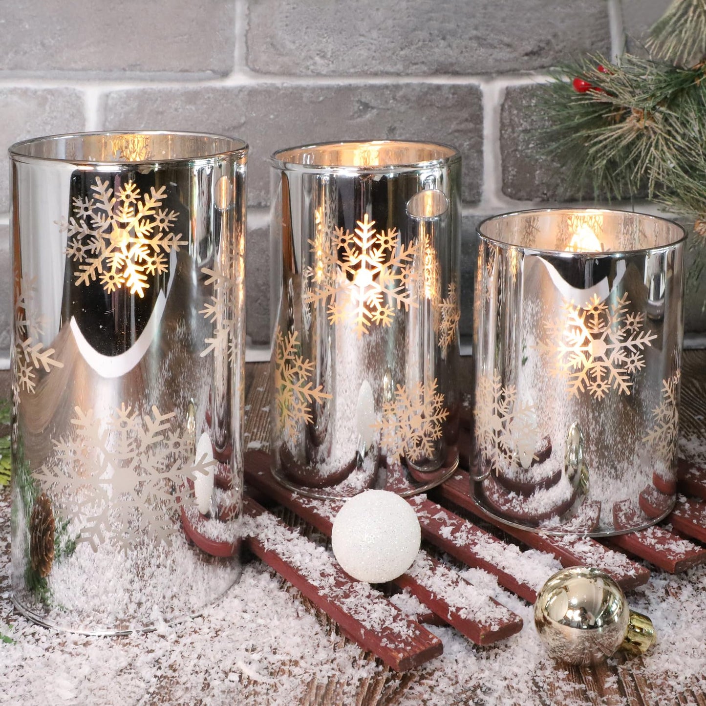 Crystal Club Christmas Flameless Candles with Remote, Set of 3, Snowflake Plating Battery Operated LED Candles, Glass Effect Pillar Candle Flickering with Remote for Home Decor