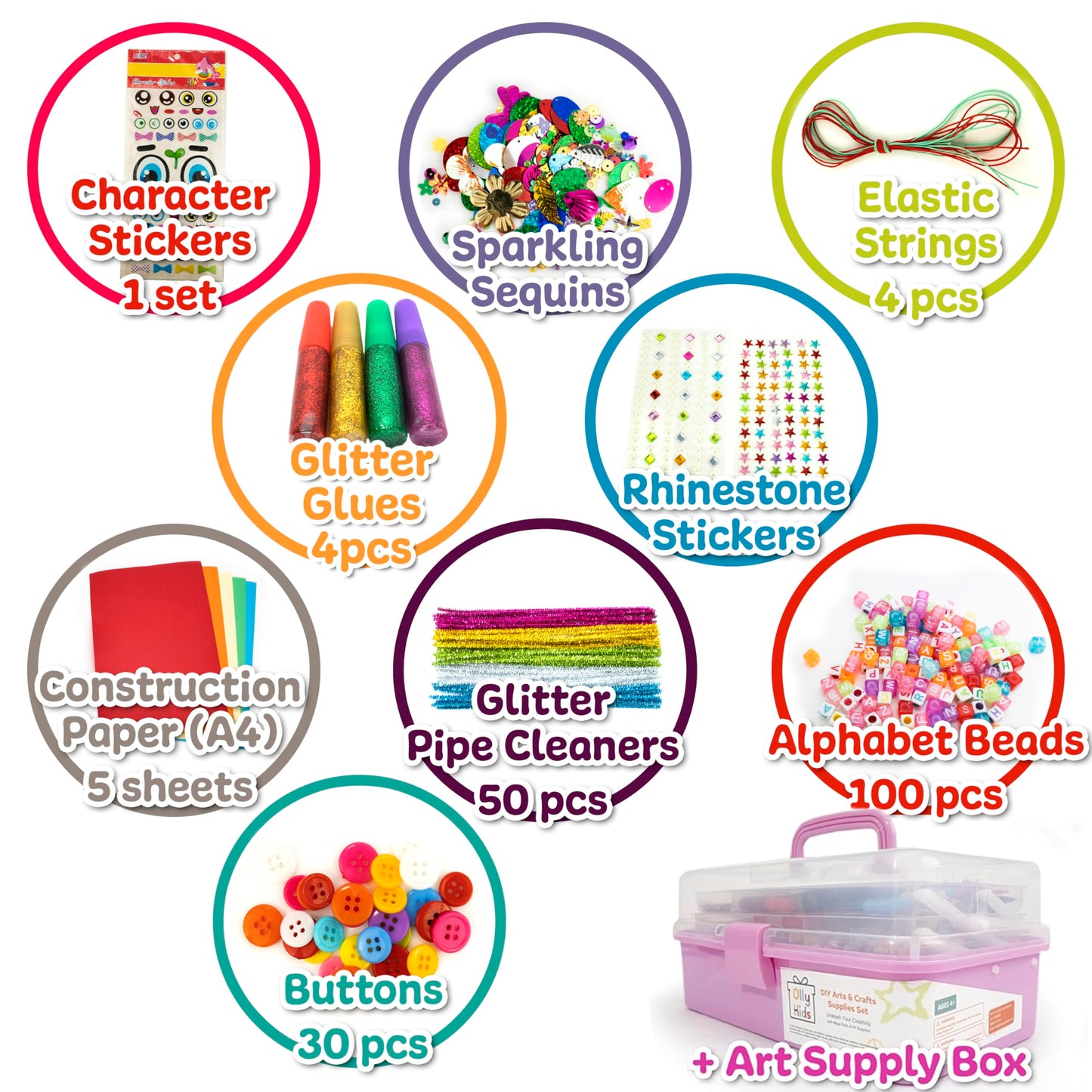 Olly Kids Arts and Crafts Supplies for Kids Girls 4 5 6 7 8 9 10 11 & 12- Ultimate Crafting Supply Carboodle in Portable 3 Layered Plastic Art Box