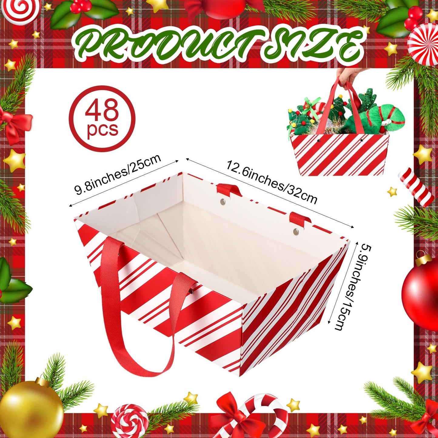 Pinkunn 48 Pcs Christmas Basket for Gifts Empty Bulk, Holiday Gift Empty Baskets with Handle, Reusable Kraft Market Cardboard Tray for Xmas Present Wrapping(Candy Stripe,12.6 x 9.8 x 5.9 in)