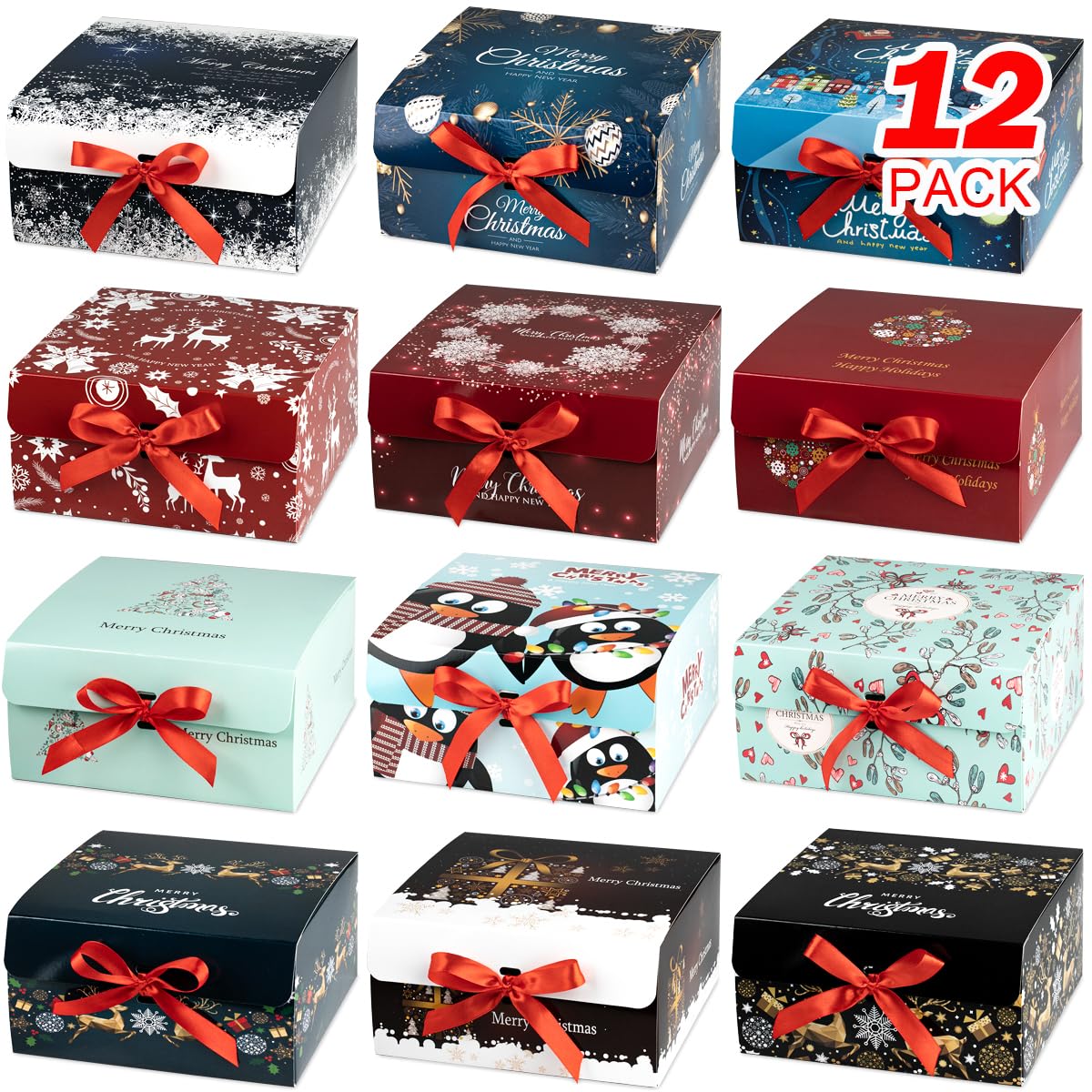 ARTLYMERS Christmas Gift Boxes with Lids, 12 Pack Gift Box and Red Ribbon Christmas Themed Pattern Small Gift Boxes for Xmas Presents Gifts Easy Assemble