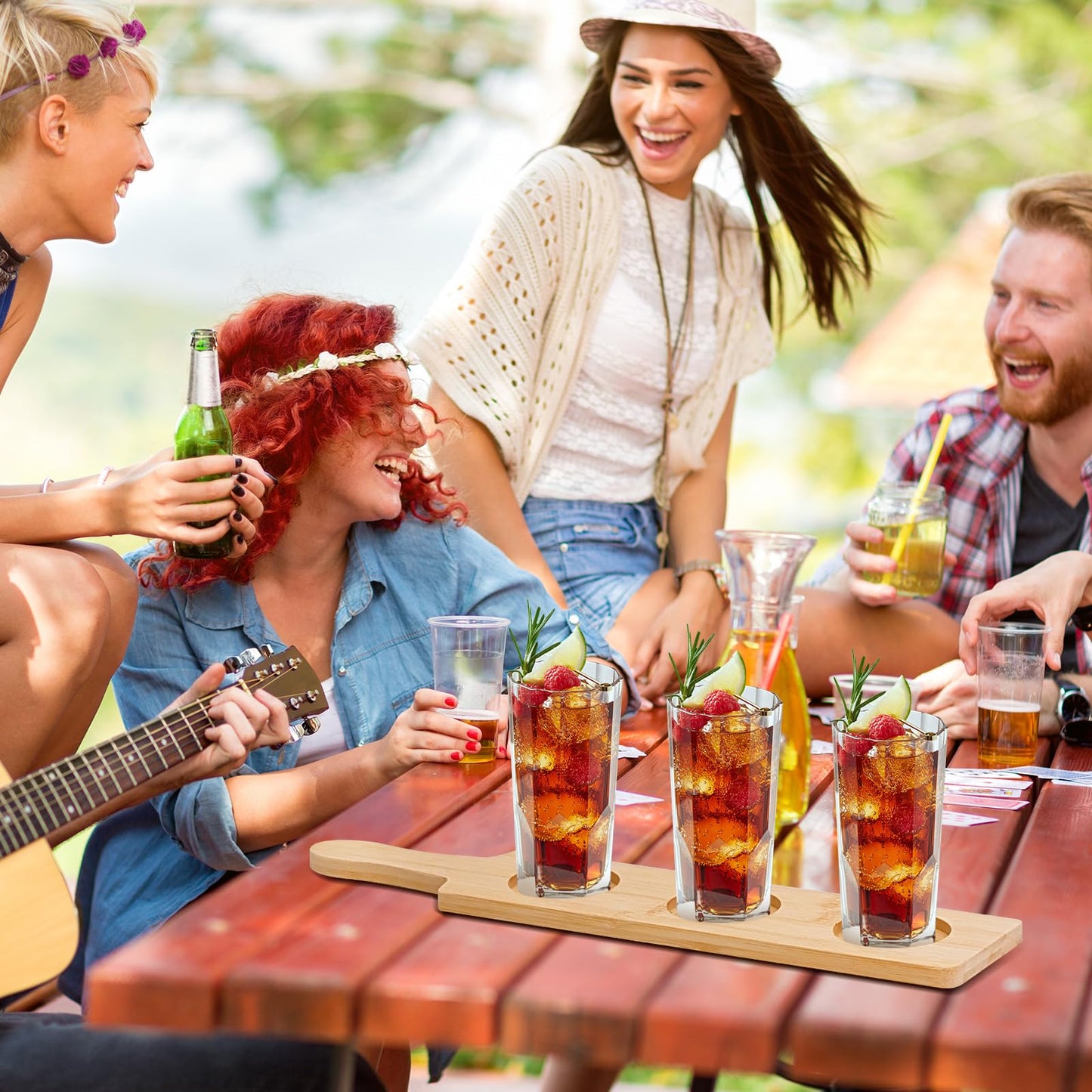 6 Pcs Flight Boards for Tasting, 2.17 Inch Dia Bamboo Beer Flight Board 3 Slots Flight Serving Paddles for Wine Whiskey Coffee Drink