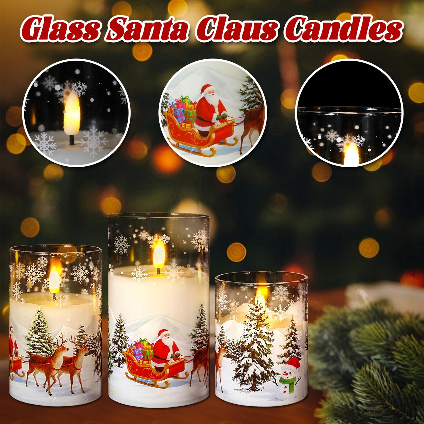 Sariiraw Christmas Snowman Glass Flameless Candles with Remote Timer, Set of 3 Battery Operated LED Pillar Candles for Christmas Decorations, 4" 5" 6" Heights, Warm White Light