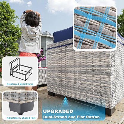 9-Piece Patio Furniture Set, Outdoor Sectional with Ottomans, Modular Patio Sofa, Dual-Strand Wicker Rattan, Rust-Resistant Frame, Backyard Furniture for Garden, Deck, Navy Blue