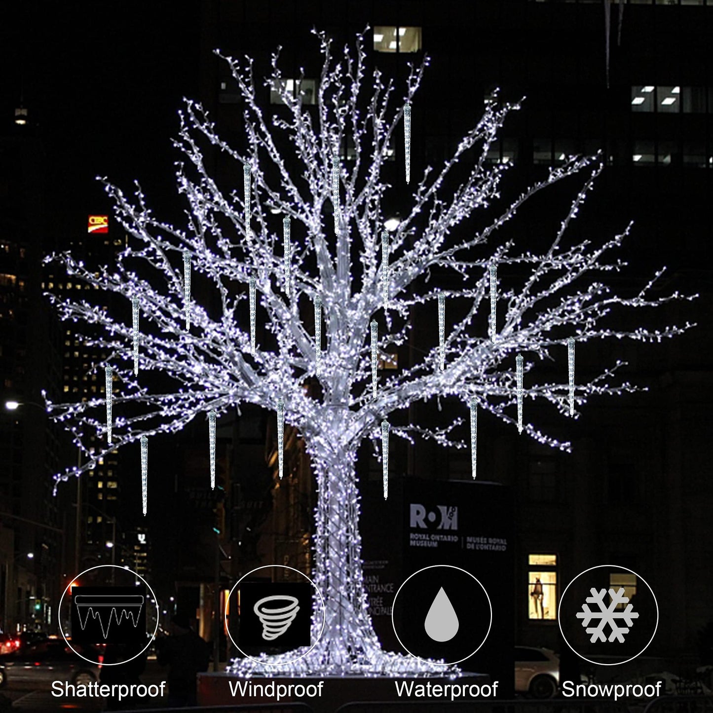 WATERGLIDE Meteor Shower Lights, 12" Outdoor Icicle Christmas Lights 8 Icicles 192 SMD LED Crystal Ice Falling Light, Connectable Raindrop Iciclelight, Xmas Winter Party Tree Holiday Decor, White