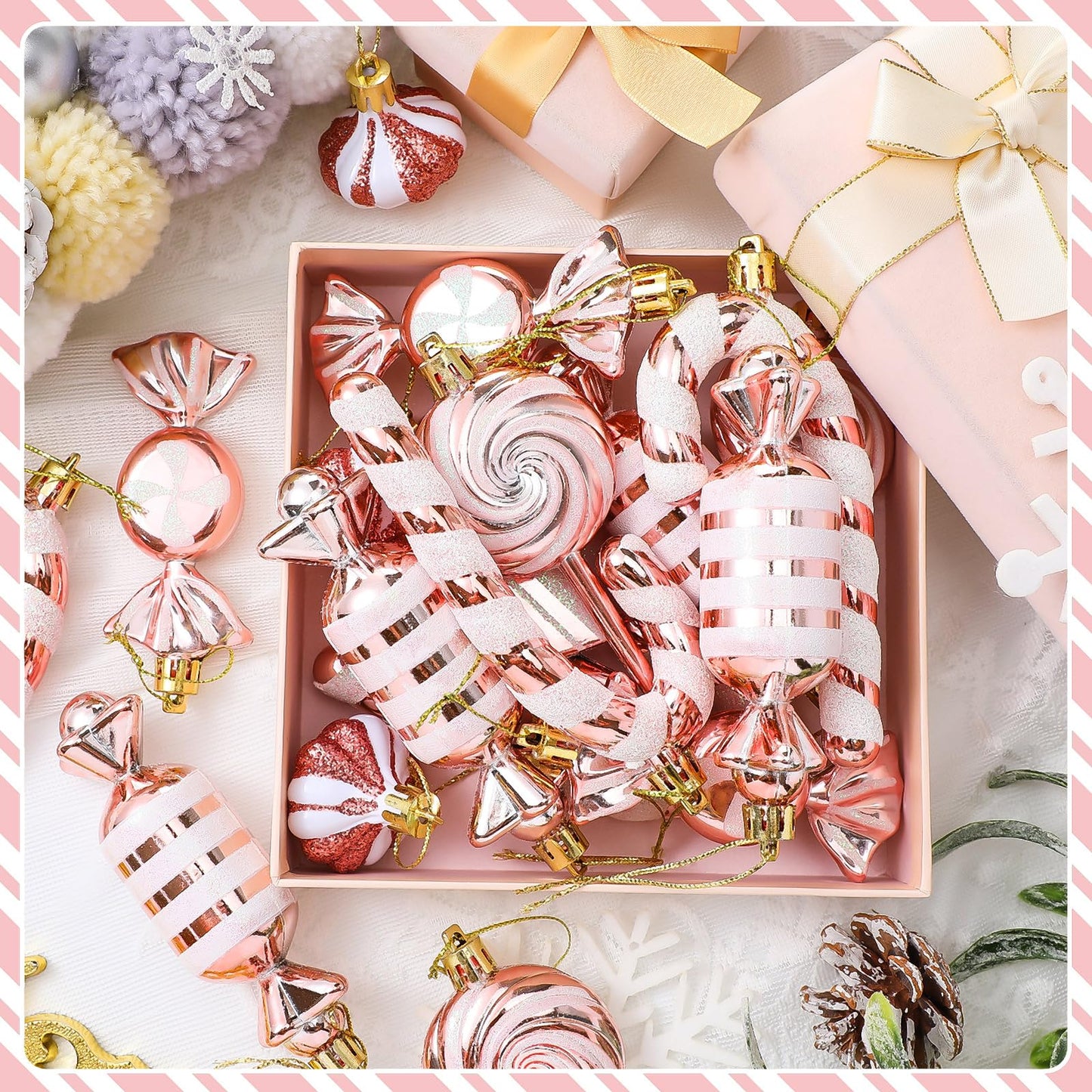 Realspring 30 Pcs Christmas Candy Ornaments Peppermint Candy Cane Christmas Decorations Plastic Lollipop Hanging Ornaments with Rope for Xmas Tree Party Holiday Supplies(Pink White)