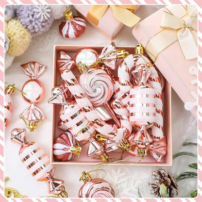 Realspring 30 Pcs Christmas Candy Ornaments Peppermint Candy Cane Christmas Decorations Plastic Lollipop Hanging Ornaments with Rope for Xmas Tree Party Holiday Supplies(Pink White)