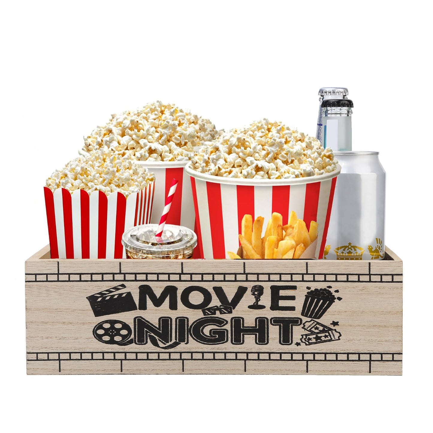 ZQUDBF Wooden Movie Night Snack Tray with Handles – Reusable Popcorn Bucket Organizer for Theater Room Decor – Sturdy Gift Basket for Family Movie Nights & Holiday Parties (Movie Night)