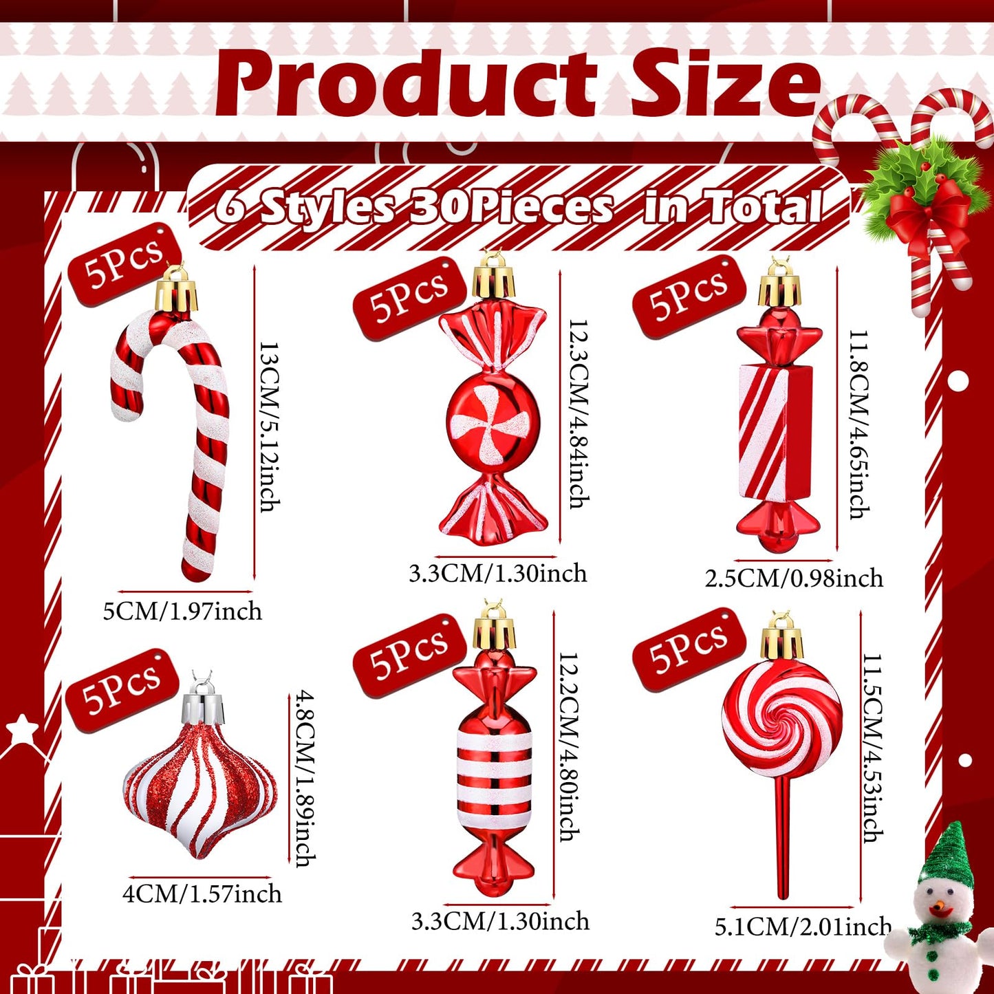 Realspring 30 Pcs Christmas Candy Ornaments Peppermint Candy Cane Christmas Decorations Plastic Lollipop Hanging Ornaments with Rope for Xmas Tree Party Holiday Supplies(Red White)