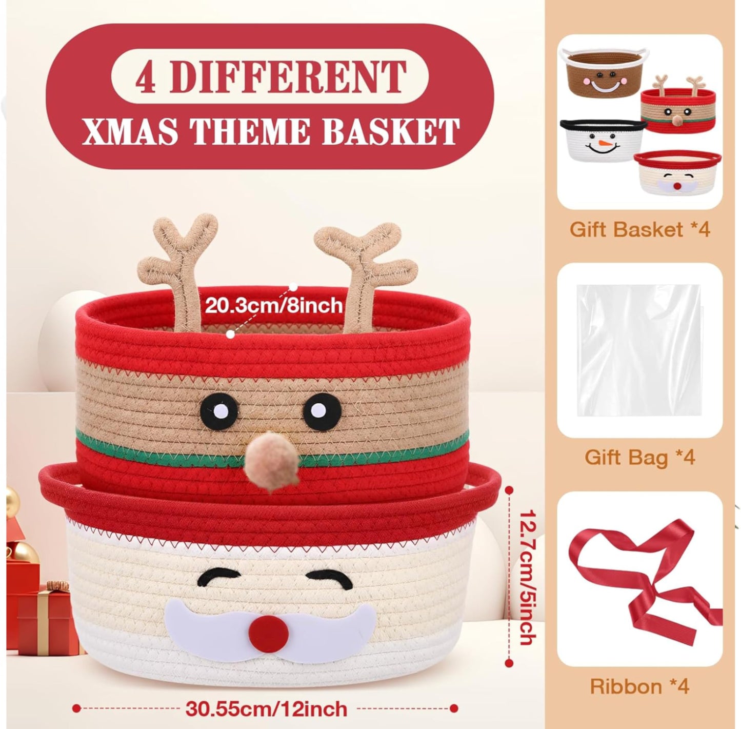 Zopeal 4 Pcs Christmas Woven Basket with Gift Bag, Ribbon Empty Basket Deer Storage Bin Holiday Decorative for Xmas Gifts, 12 x 8 x 5 Inch