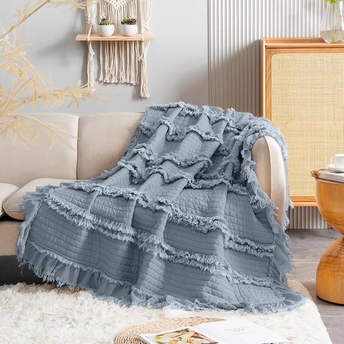 Ultra Soft Pre-Washed Quilted Boho Dark Blue King Size Blankets for Bed, Ruffle Fringed Decorative Throw, Stone Washed Chic Rustic Blanket for Sofa Couch Bed, 104"*90"