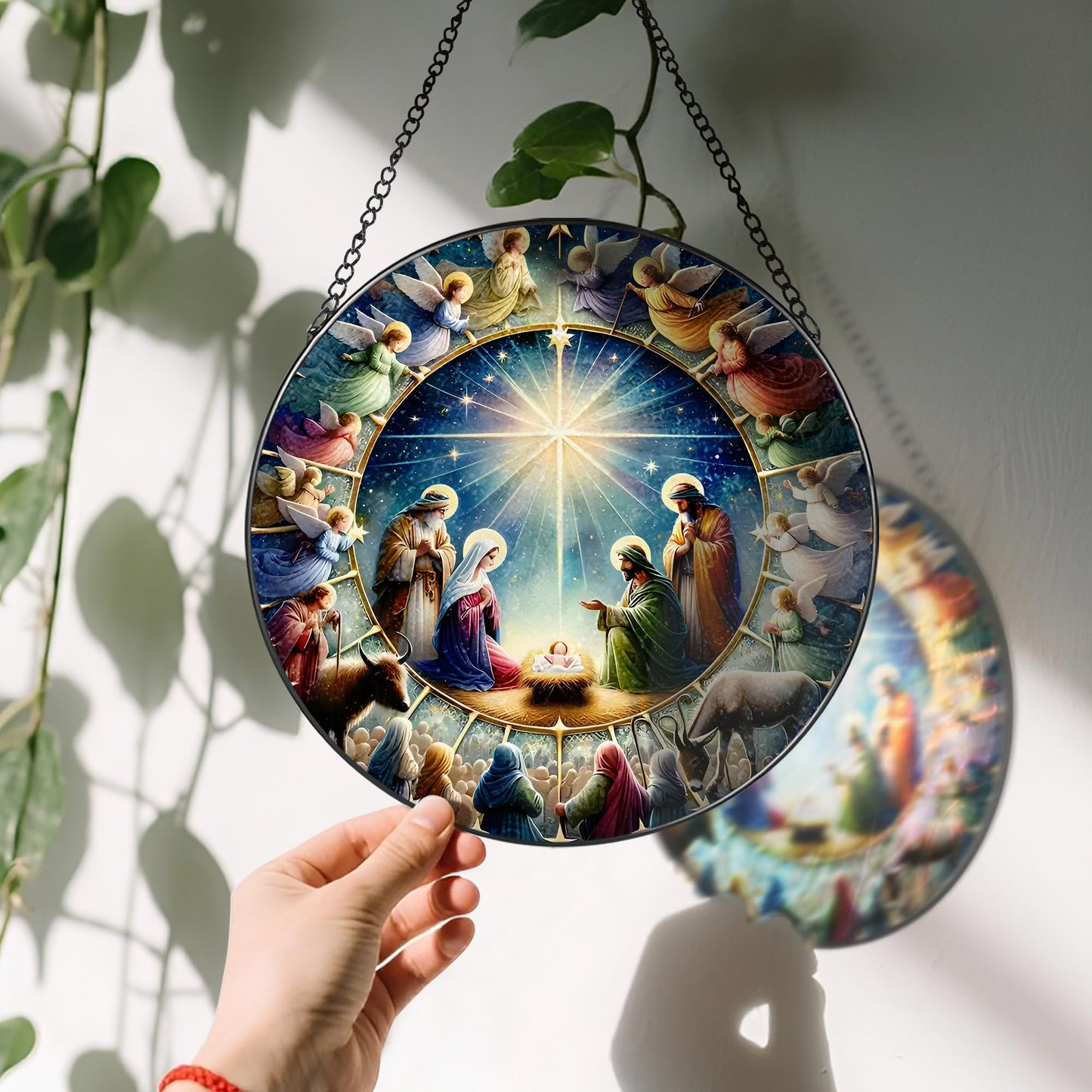 Stained Glass Window Hanging, LAOWEIKI 8'' Nativity Scene Suncatcher, Stained Glass Ornament, Window Decor, Outdoor or Indoor, Christian Gifts, Religious Gifts for Women