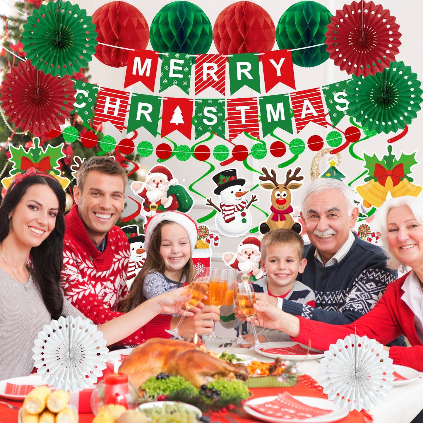 25pcs Christmas Party Decorations Merry Christmas Banner Paper Fan Garlands String Circle Dot Honeycomb Ball Swirl Streamers Snowman Santa for Xmas Decorations Indoor Home Decor