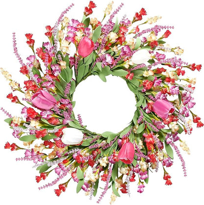 Sggvecsy Spring Summer Wreath for Front Door 22 Inch Artificial Colorful Flower Wreath with Colorful Tulips Greenery Leaves Lavender for All Seasons Home Farmhouse Indoor Outdoor Wall Decor (Mixed)