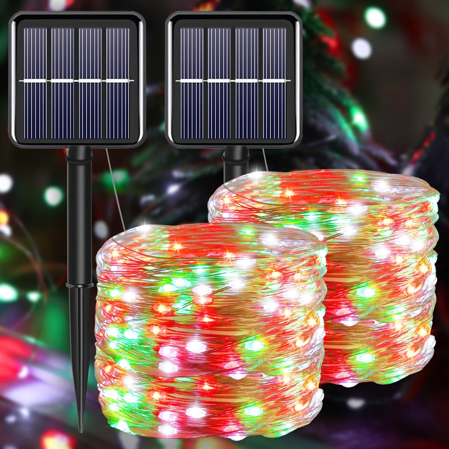 Solar Christmas Lights Outdoor Waterproof, Red White Green Fairy String Lights, IP67 2PACK Total 200LED 66FT with 8Modes, Outside Christmas Decorations Lights for Tree, Garden, Patio, Fence, Balcony