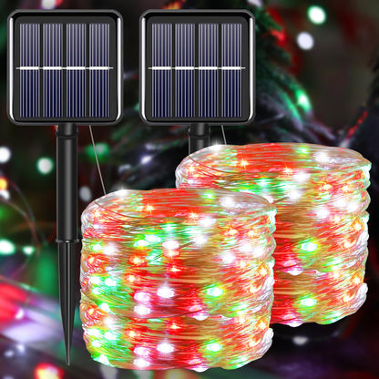 Solar Christmas Lights Outdoor Waterproof, Red White Green Fairy String Lights, IP67 2PACK Total 200LED 66FT with 8Modes, Outside Christmas Decorations Lights for Tree, Garden, Patio, Fence, Balcony