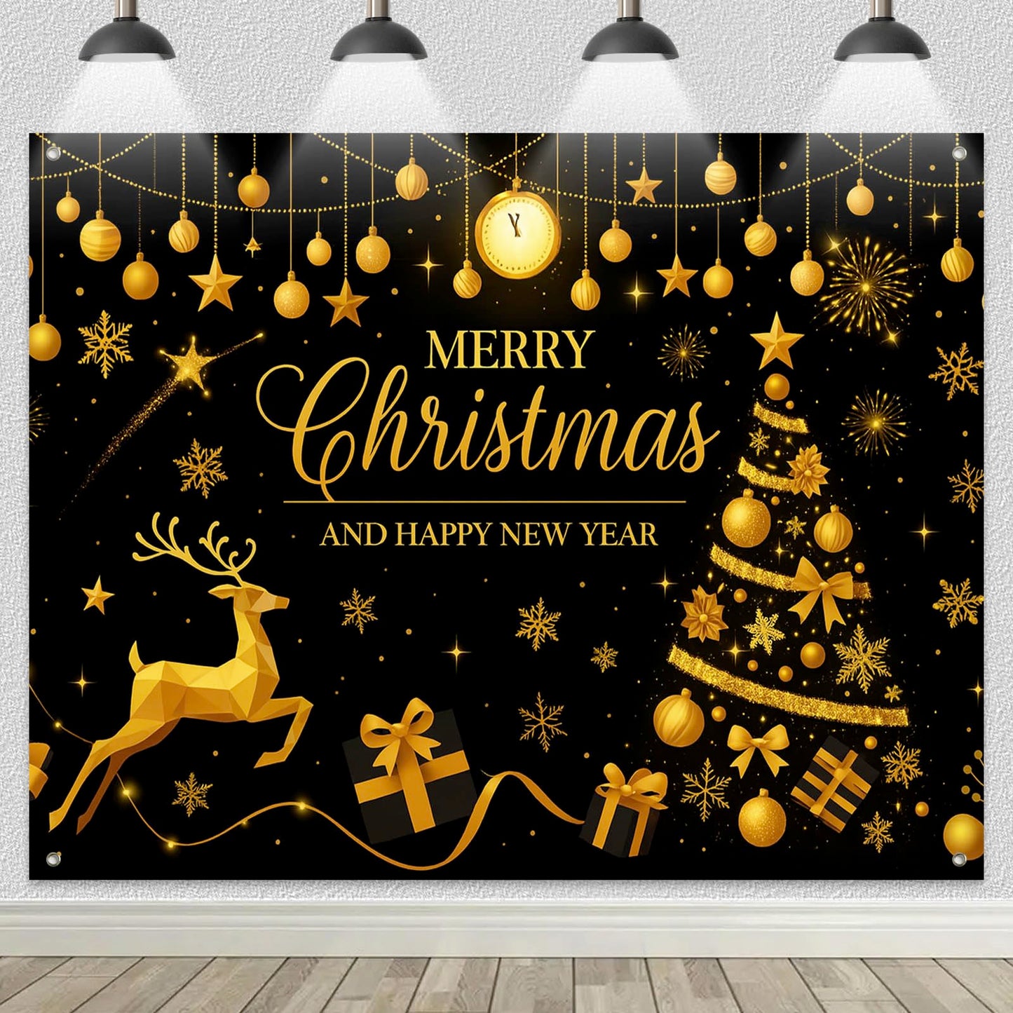 HOMETITUTE Black Gold Merry Christmas Backdrop 8×6ft Holiday New Year Photo Background Party Decoration Banner Golden Tree Reindeer Gifts Photography Backdrop