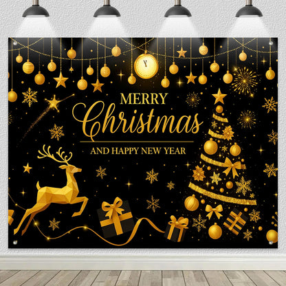 HOMETITUTE Black Gold Merry Christmas Backdrop 8×6ft Holiday New Year Photo Background Party Decoration Banner Golden Tree Reindeer Gifts Photography Backdrop