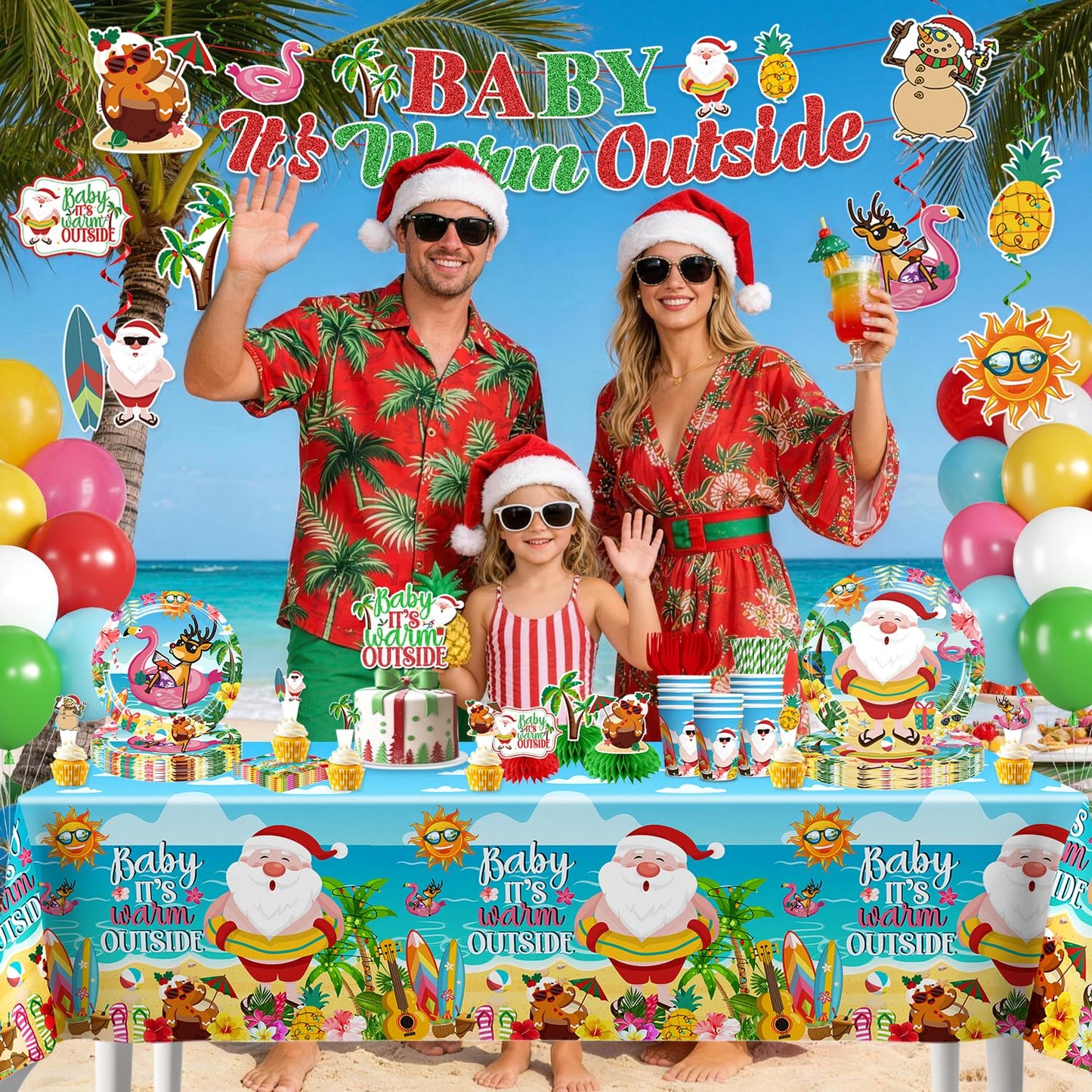 Christmas in July Decorations, Baby It's Warm Outside Party Decor - 196PCS All-in-One Set, Serves 25, Tableware Kit with Banner, Backdrop, Tablecloth, Balloons & Cupcake Toppers