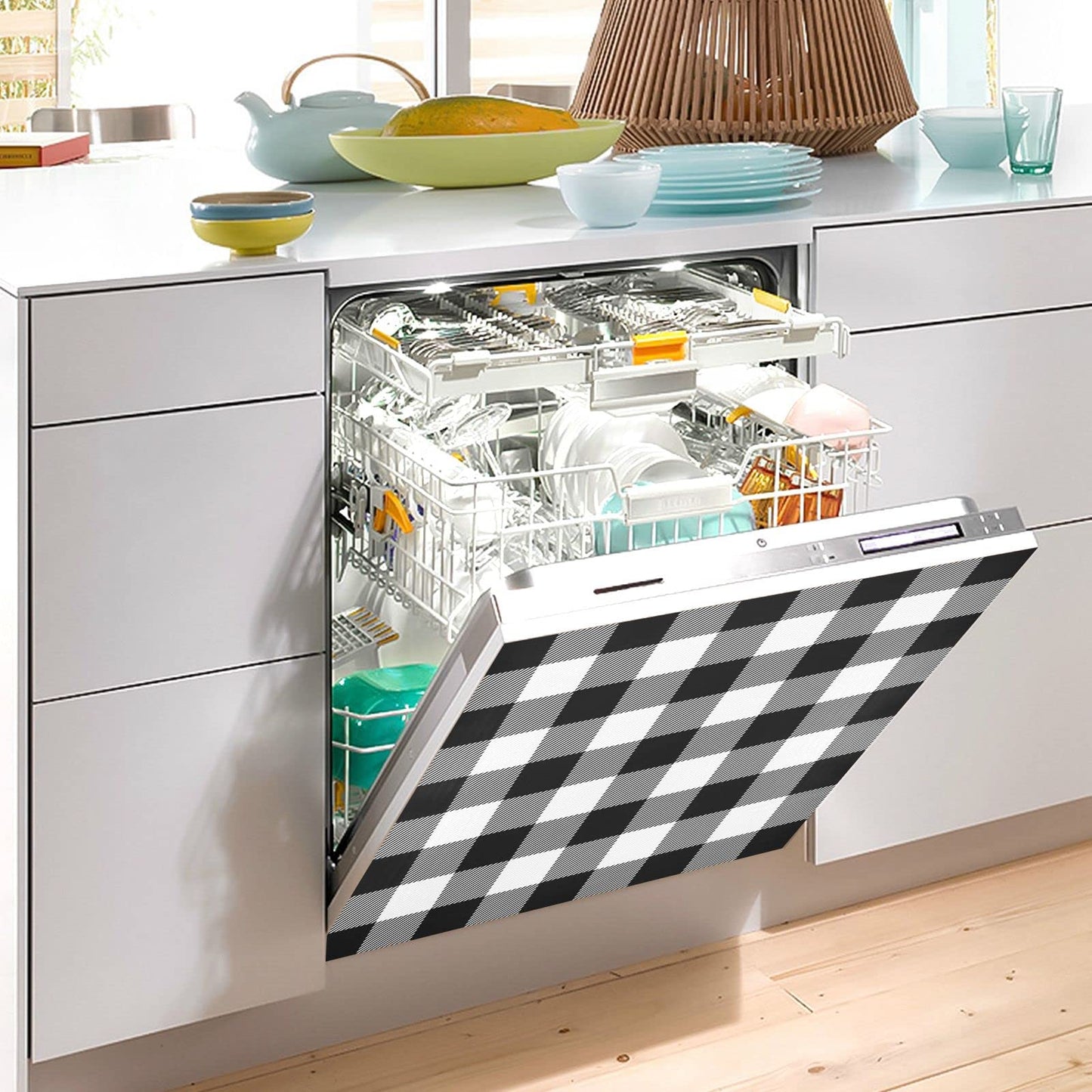 Black White Buffalo Plaid Dishwasher Stickers Magnetic Rustic Classic Buffalo Check Kitchen Fridge Magnet Cover Decals Home Decorations Vinyl Sticker Reusable 23W x 26H inches
