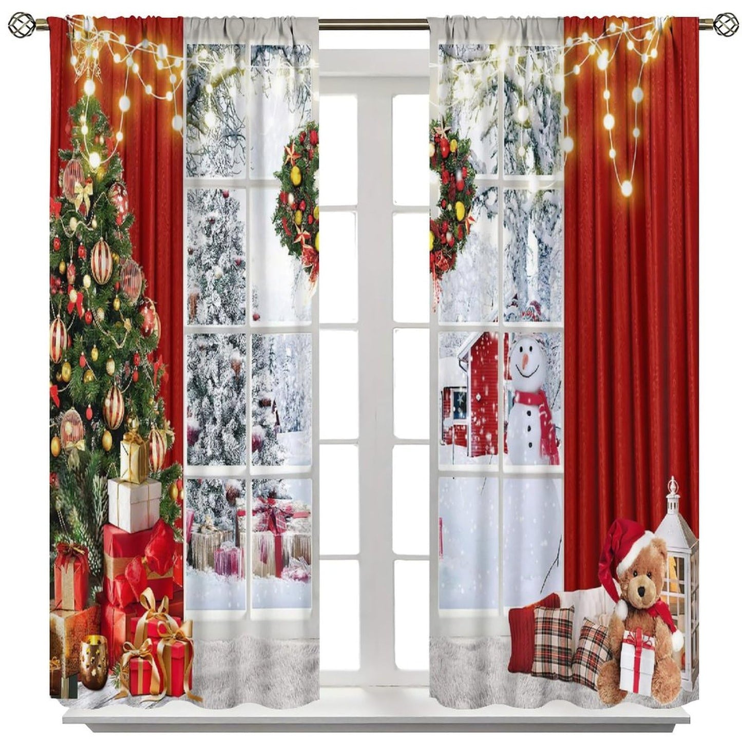 FengMingRui Merry Christmas Curtains Winter Festival Snowman Christmas Tree New Year Christmas Window Treatment Bedroom Living Room Decoration Decor Window Drapes 42" W X 45" L