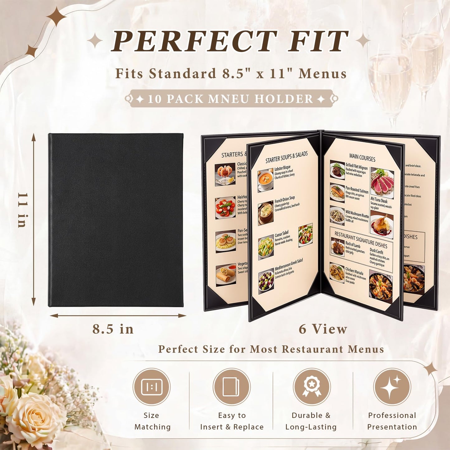 Ferrochef 10 Pack Leather Menu Covers, 6 View Menu Holder 8.5 x 11 Inch for Restaurant, Cafes, Bars, Wine List, Drinks, Commercial and Home Use, Black