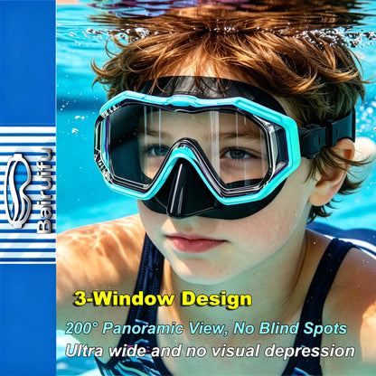 Bairuifu Kids Swim Goggles Snorkel Mask, Latest 3-Window Lens Wide Vision, Crystal Clear, Swimming Goggles Soft Nose Cover