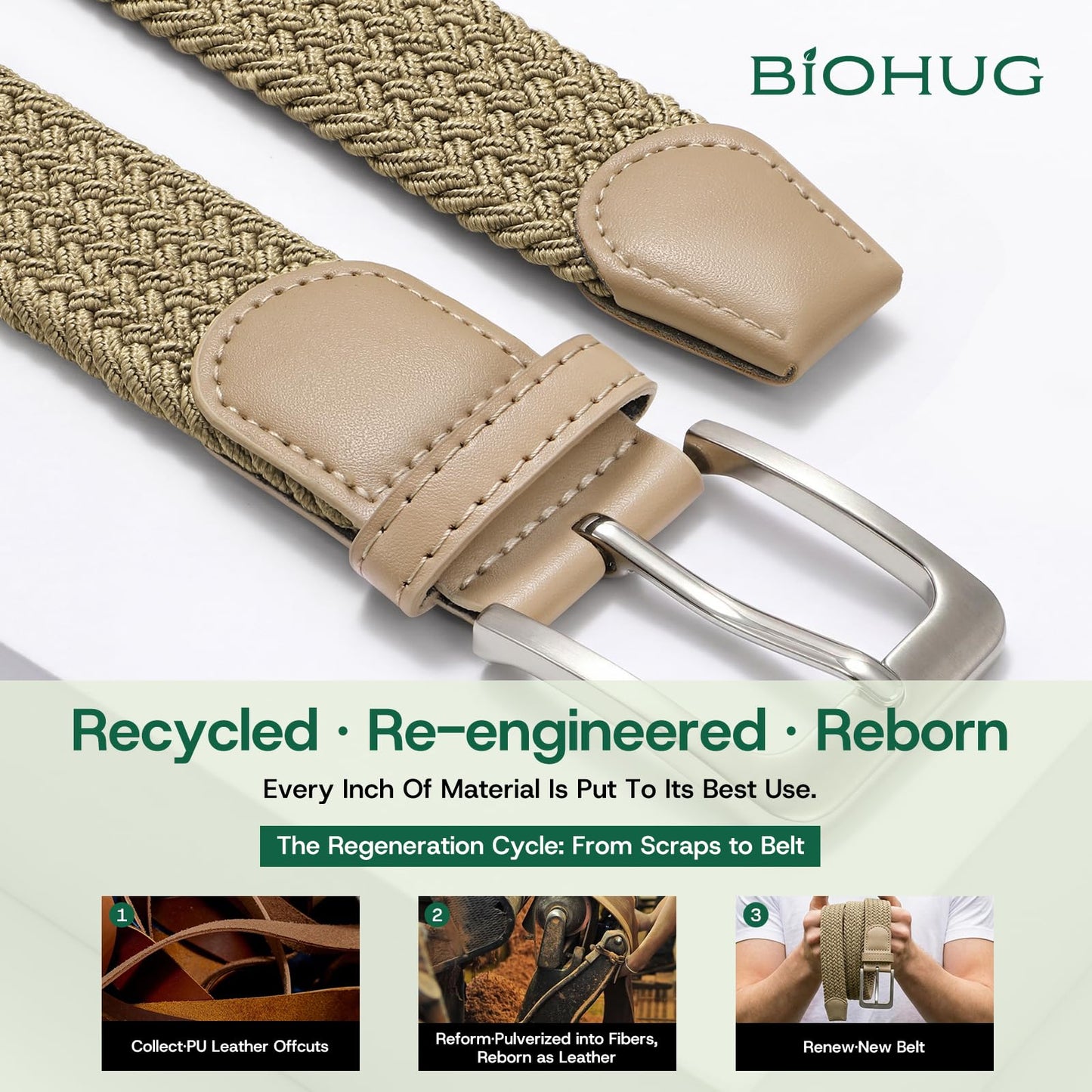 BIOHUG Men's Elastic Braided Belt Eco-Friendly Recycled Fabric Stretch Woven Belt for Jeans Pants,Golf Casual Wear 1.34" Width Khaki