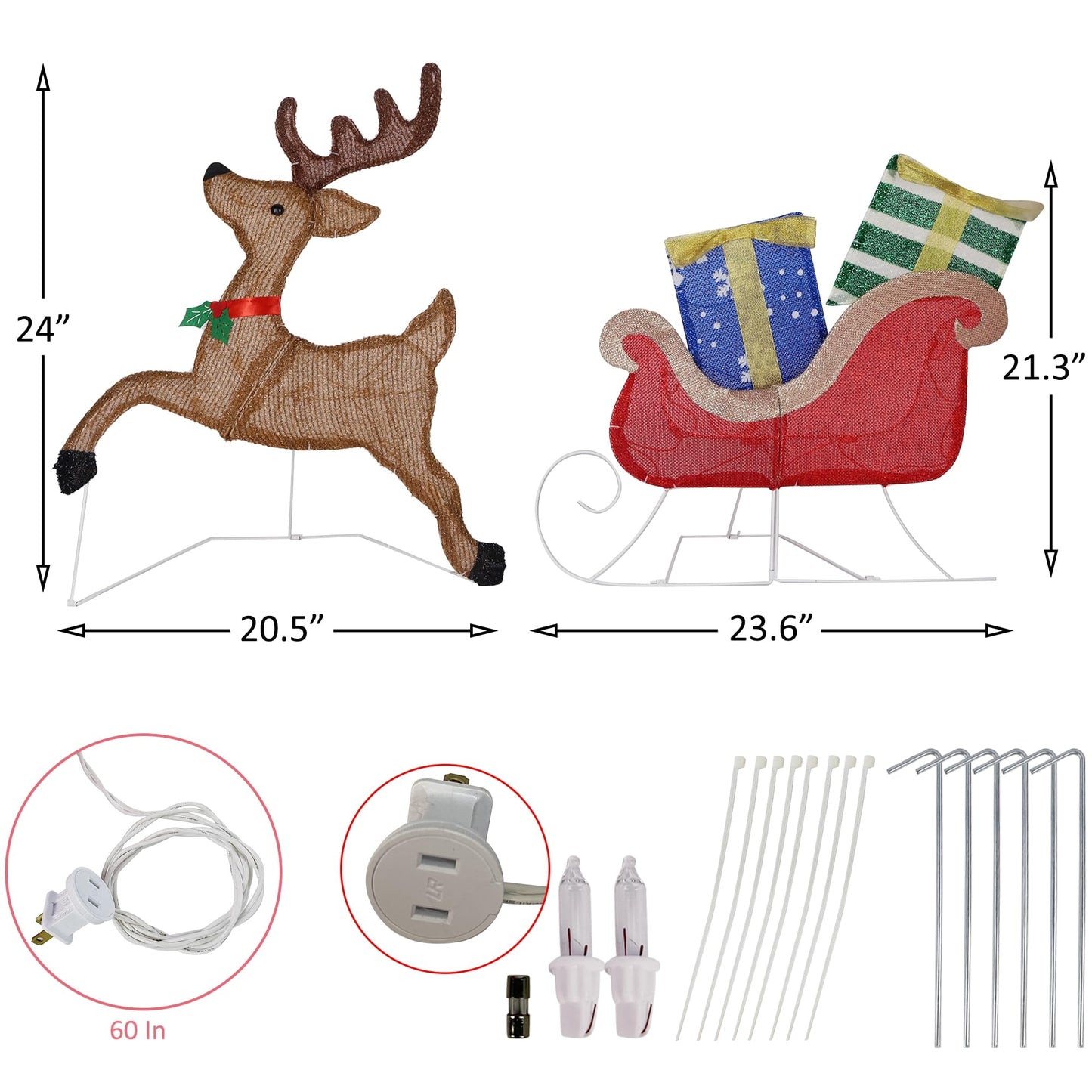 Prsildan Christmas Lighted Decoration 25" x 44" Reindeer, 50 Lights Christmas Reindeer with Sleigh & Gift Boxes, Light up Decorations for Indoor Outdoor Home Kitchen Yard Garden Holiday Party