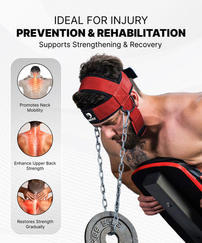 DMoose Fitness Neck Harness for Weight Lifting - Soft Padded Head & Chin Strap with 30" Heavy Duty Steel Chain - Neck Exerciser, Trainer & Strengthener to Support Injury Recovery (Red)