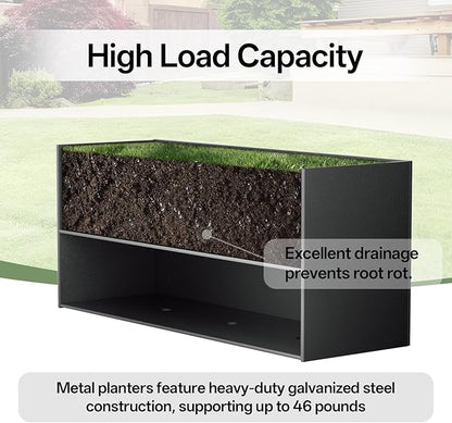 Metal Planter Box 36" x 12"x 16",Heavy-duty Galvanized Steel Outdoor Planter with Removable Built-in shelf and Drainage Holes,Rectangular Planter for Porches, Gardens, Patios, and Courtyards，Black