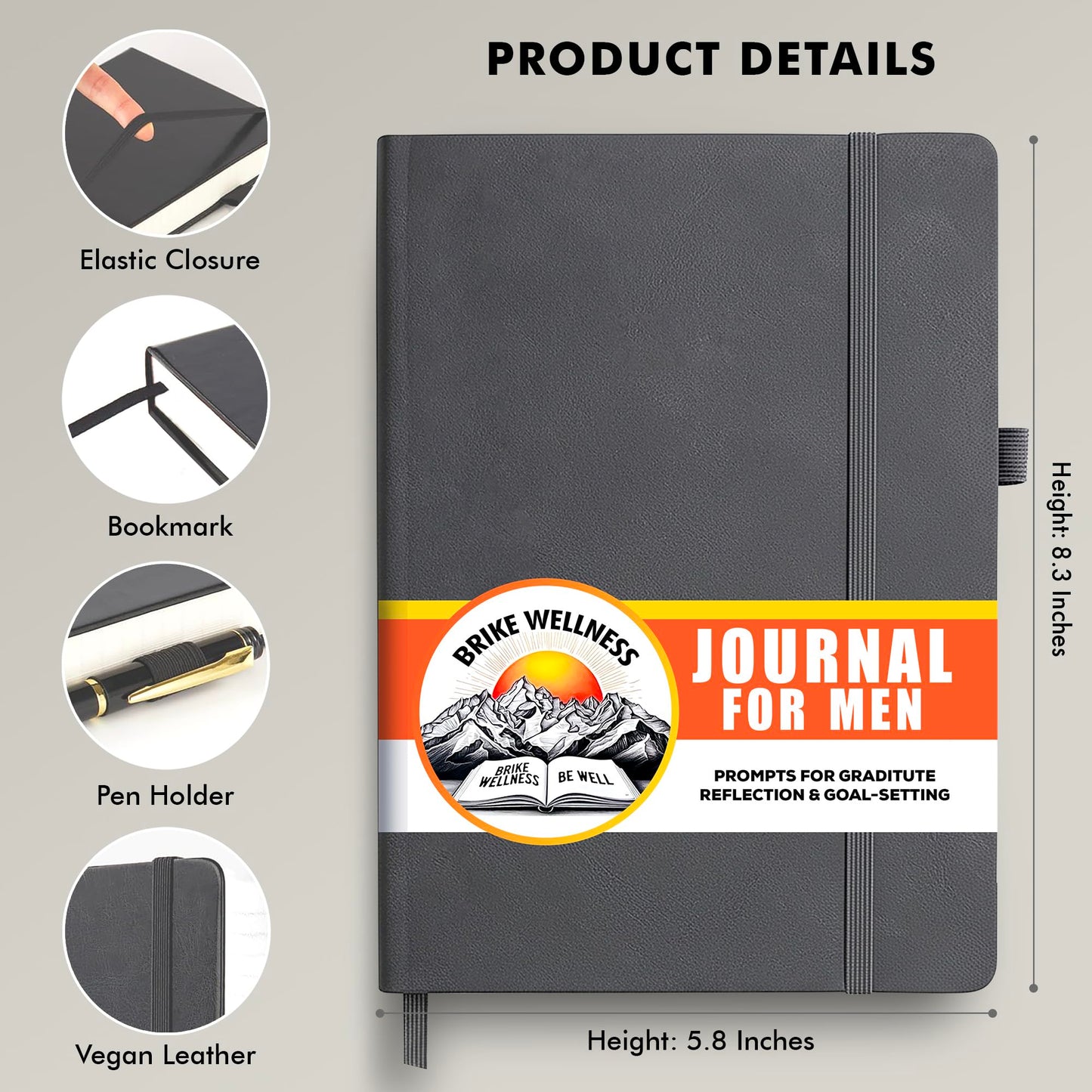 Brike Wellness Journal for Men & Women – Premium Vegan Leather 184 Pages Guided Journal with Daily Prompts for Graditude, Mental Wellness, Reflection, Goal-Setting, Mindfulness, and Motivation for Growth