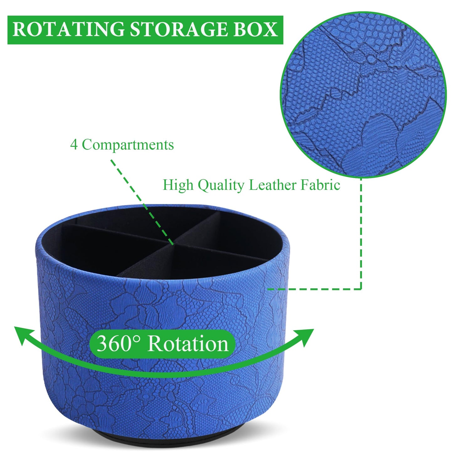 Lvkjafaz Round Leather Art Supply Organizer,Remote Control Holder,360 Degree Spinning,Multi-Functional Pencil Holder,4 Compartments Desktop Stationary Organizer(1-Lace Flower Blue)