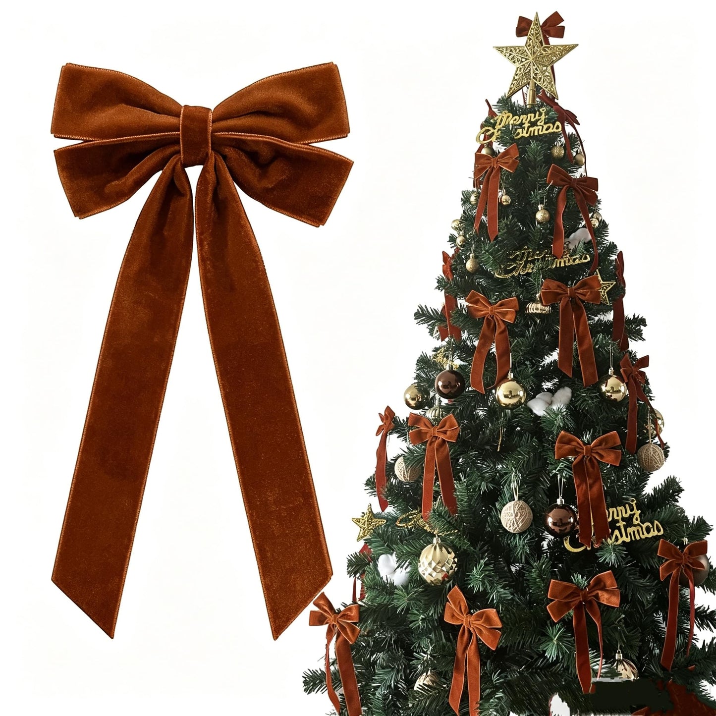 36PCS Brown Velvet Bows for Christmas Tree, 4x8" Pre-made Luxury Velvet Ribbon Bows Ornaments with Twist Ties & Self Adhesive for Xmas Tree Wreath Garland Gift Wrapping Home Indoor Outdoor Decor