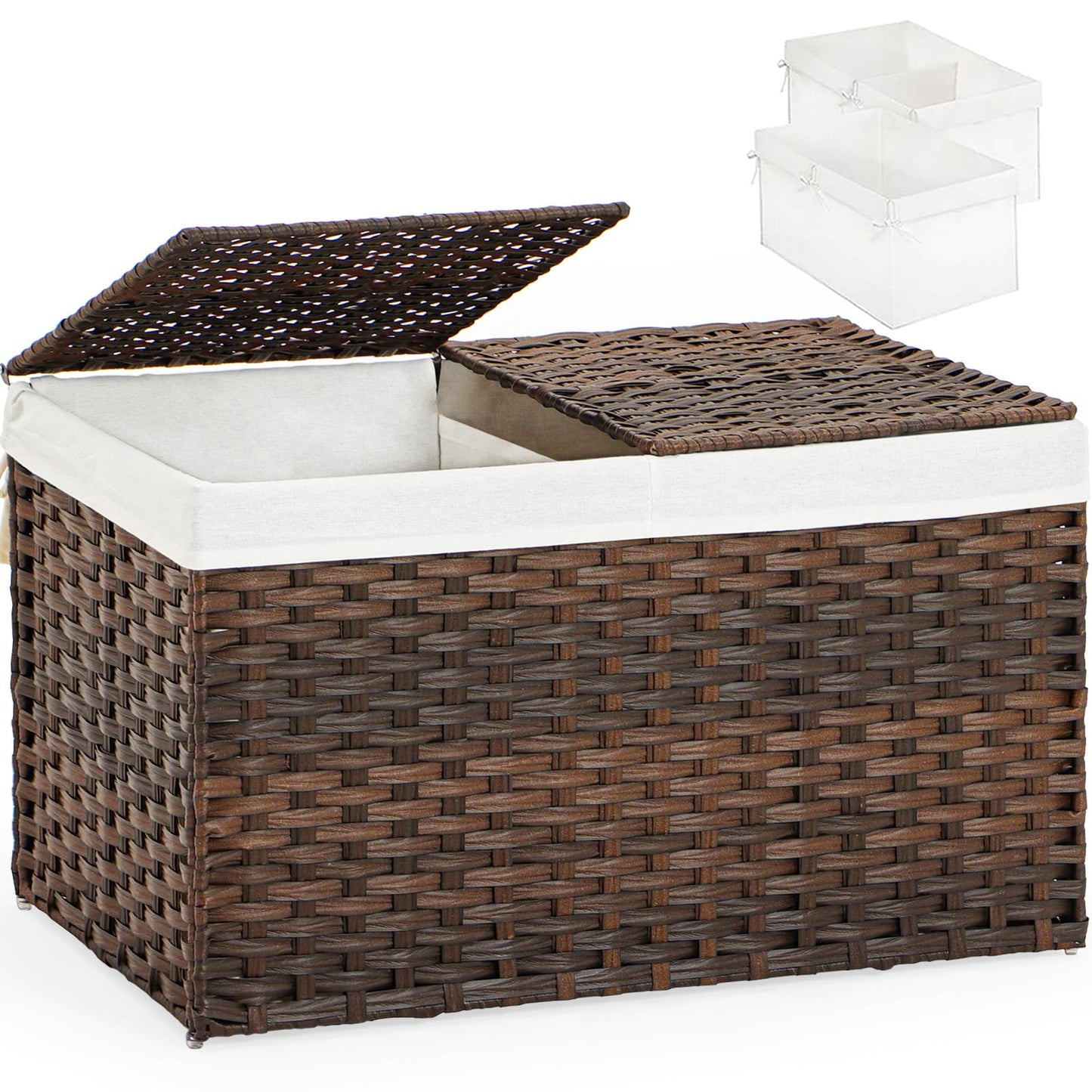 SETVSON Storage Basket with Lid Rattan Woven Storage Baskets with 2 Separate Lids, 17.2 Gallon (65 L), 22 x 13 x 13.8 Inches,Foldable, 2 Removable Liner Bags Handles for Bedroom, Laundry Room Brown