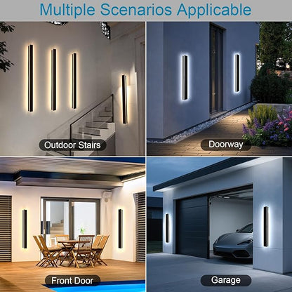 2PC 59inch Modern Outdoor Wall Light, 2700k-6500k Dimmable Front Door Light IP65 Waterproof Black Outdoor Wall Sconce LED Exterior Lighting Fixtures Wall Mount Linear Outside Lights for House