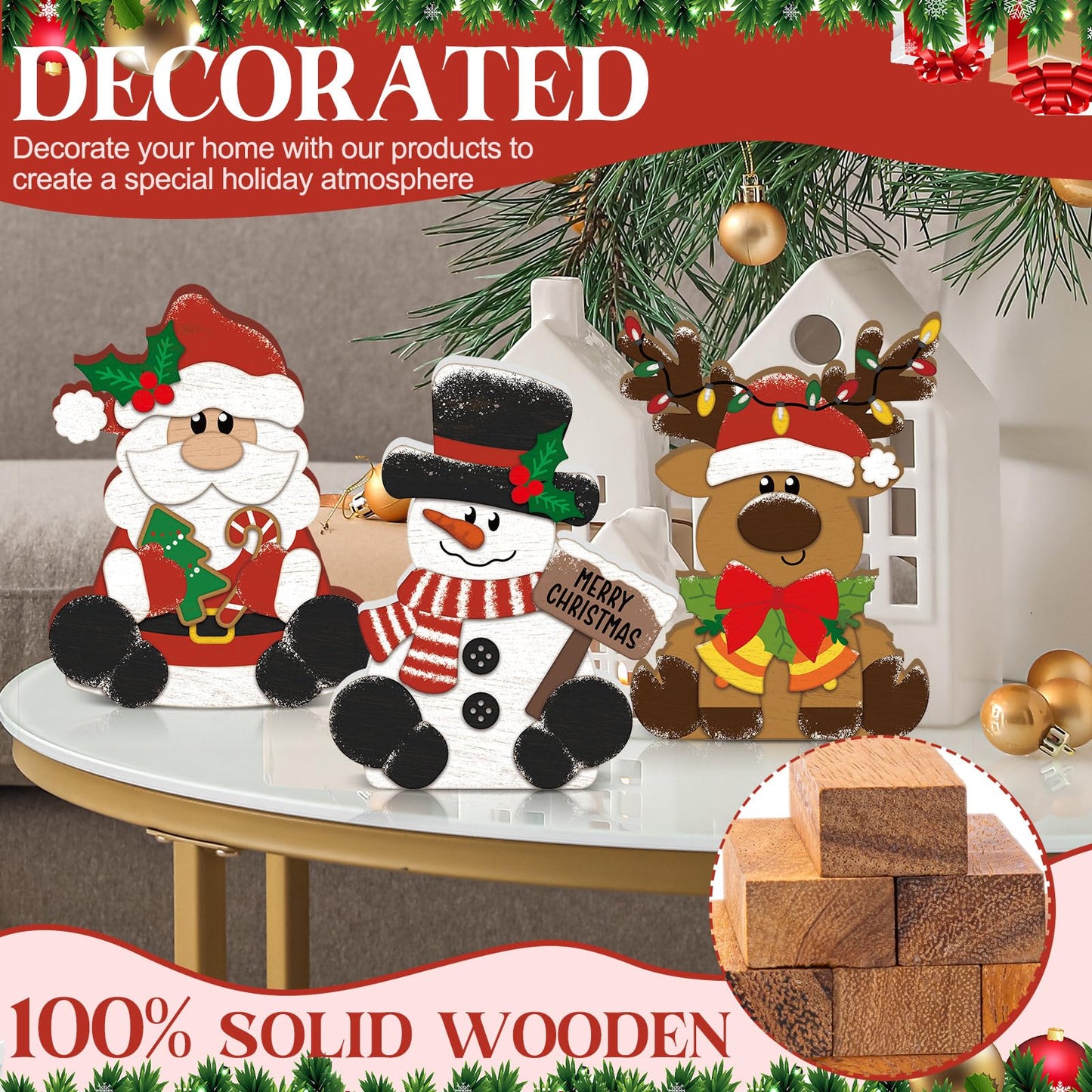 GlikCeil 3 Pcs Christmas Wooden Table Decorations Snowman Reindeer Santa Claus Centerpiece Block Holiday Wood Tiered Tray Tabletop Sign for Office Dining Room Mantle Home Party Supplies